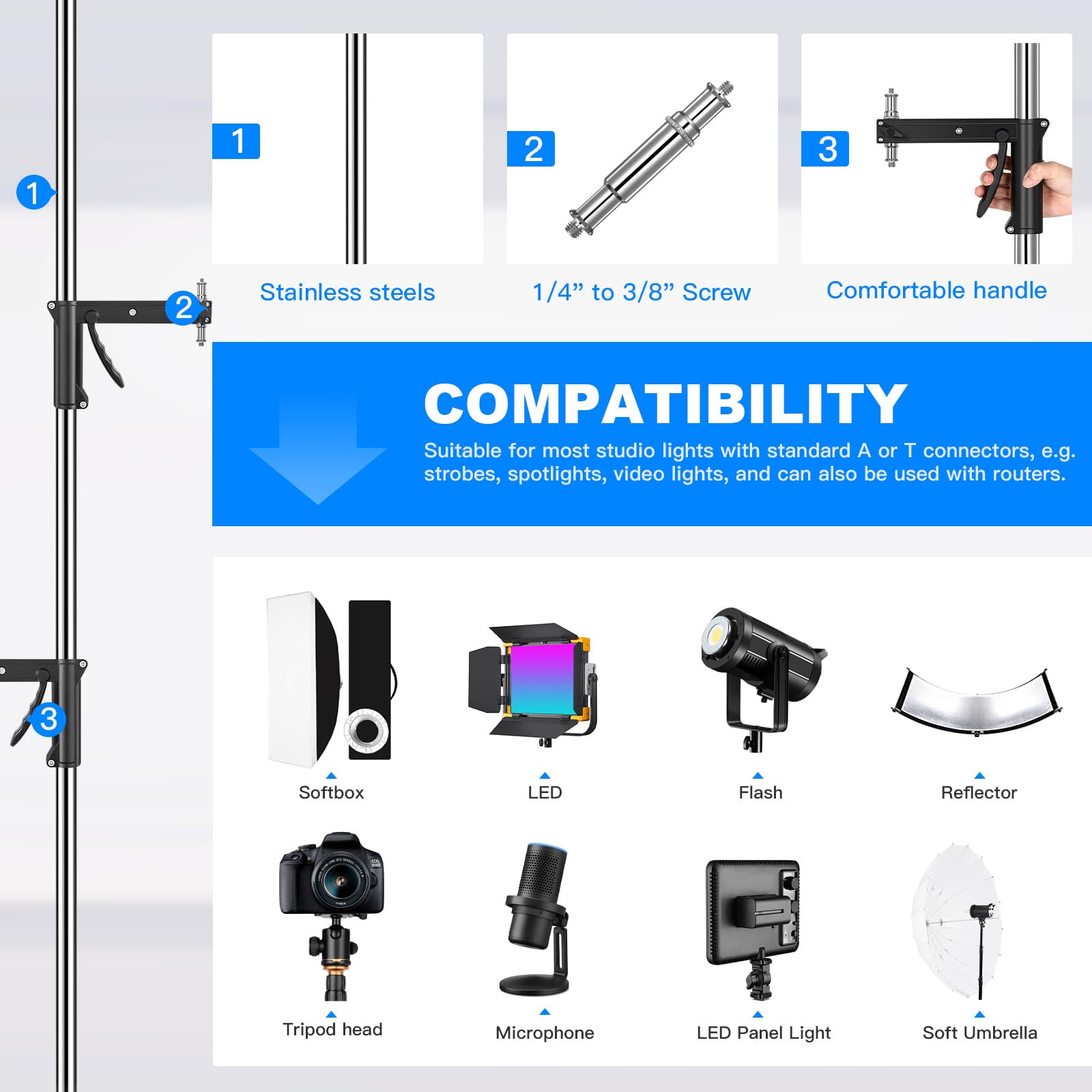 Heavy Duty M20 Steel Wheeled Pistol Grip Light Stand for Photography - 6.5' Max Height, 22 Lbs Load Capacity with Sliding Arm & Chrome-Plated Column | Perfect for Studio, Portrait, Product Photography and Video Lighting Setup