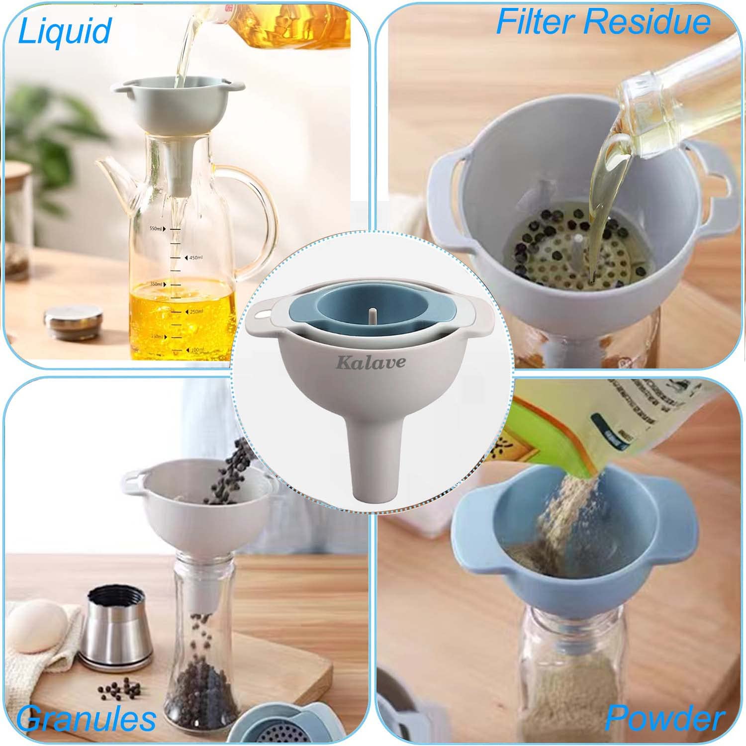 BPA-Free Food Grade Kitchen Funnel Set of 4 with Detachable Strainer Filter - Oil Funnel for Liquid, Dry Ingredients & Powder - Perfect for Bottle Filling, Cooking, Baking & DIY Projects