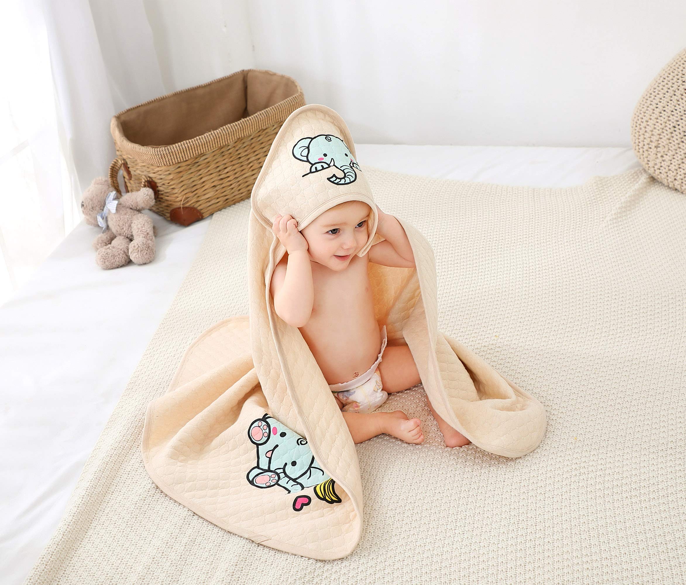 Organic Cotton Baby Wearable Blanket with Elephant Print - Soft Hooded Sleep Sack for Newborns & Infants | Cozy Nursery Essential for Naptime & Bedtime