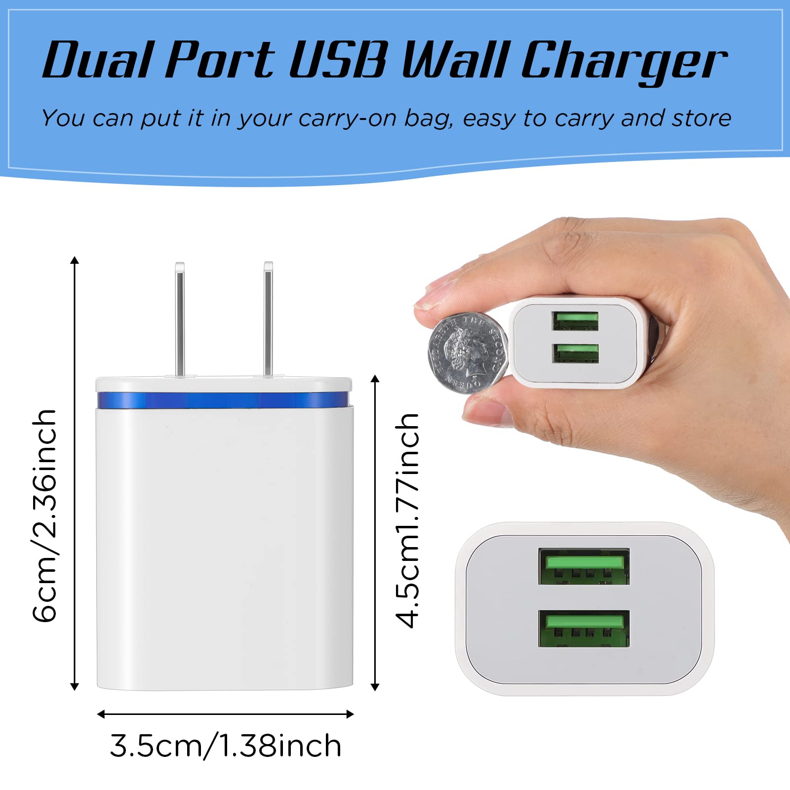Xuhal 12 Pack Fast USB Wall Charger Block - 2.1A Bulk Power Adapter Cube for iPhone, Samsung, iPad & Tablets - Colorful Travel Charging Plugs for Home, Office & Hotel Use