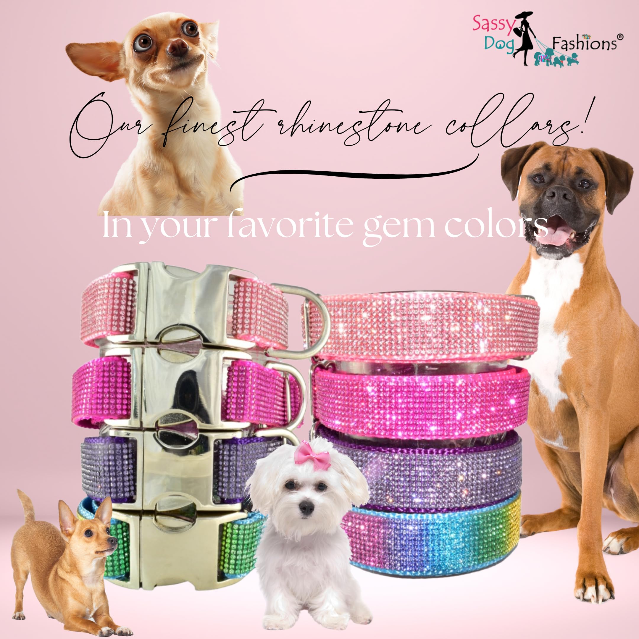 Handmade Rhinestone Dog Collar - Sparkling Crystal Diamond Pet Collar for Small, Medium, Large & Giant Dogs | 1000+ Color Options | 1