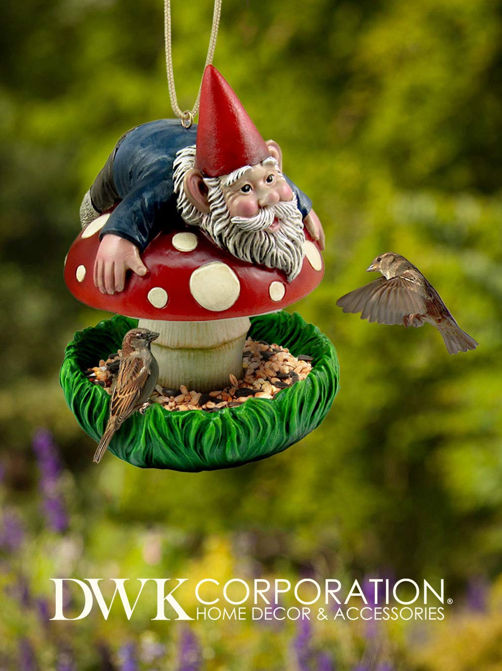 DWK Whimsical Gnome on Mushroom Hanging Bird Feeder - 6.75 Inch Fairy Garden Decor for Home, Patio & Outdoor Spaces - Perfect for Backyard, Garden & Fantasy Themed Decorations