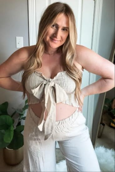 Beige Front Tie Maternity Crop Top and Pants Set - Comfortable Pregnancy Outfit for Casual Wear & Maternity Photos