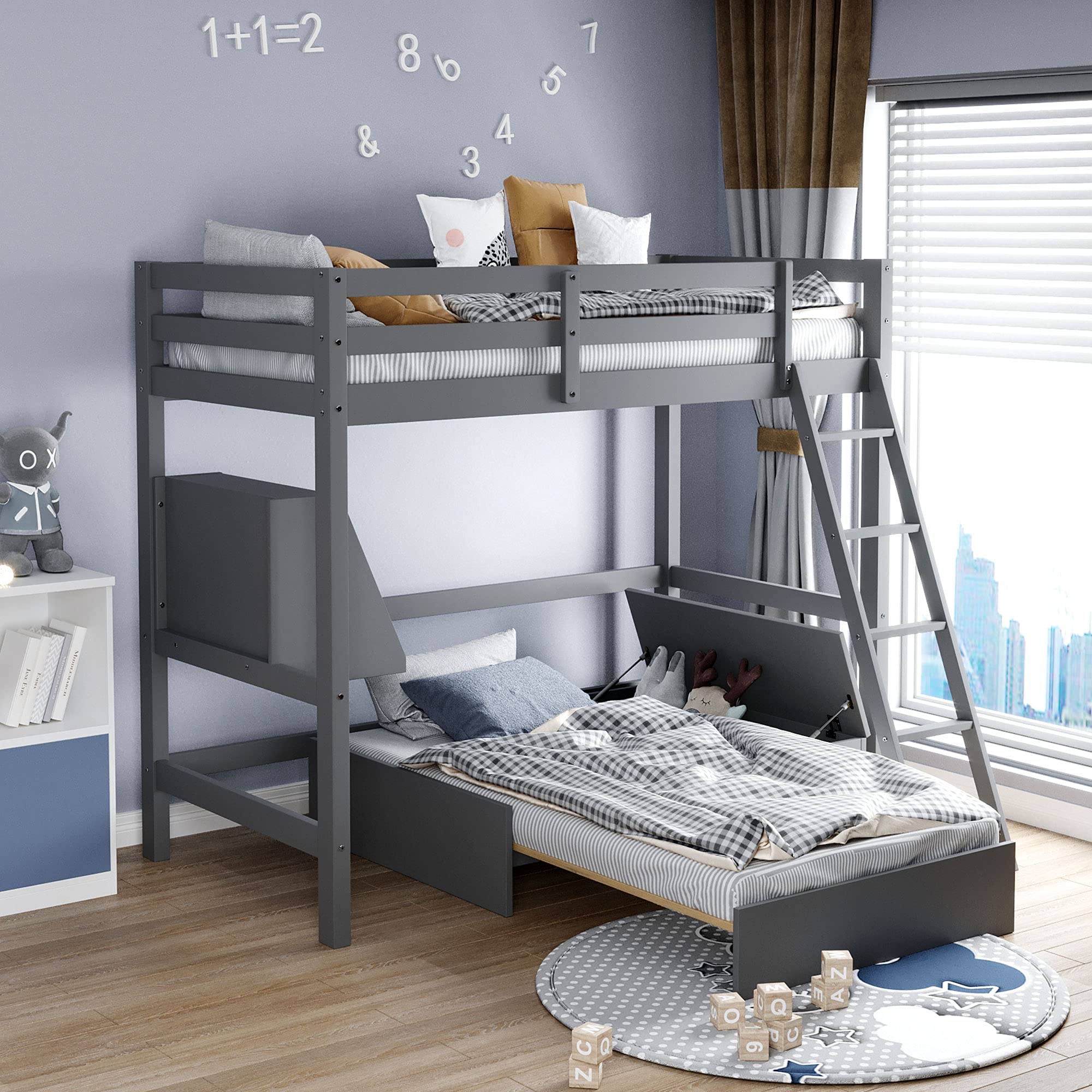 **DERCASS Twin Loft Bed with Full-Length Guardrail & Ladder - Convertible Lower Bed, Storage Drawer & Shelf - Kids & Teens Wooden Bed Frame - No Box Spring Needed - Space-Saving for Small Bedrooms (Grey)**