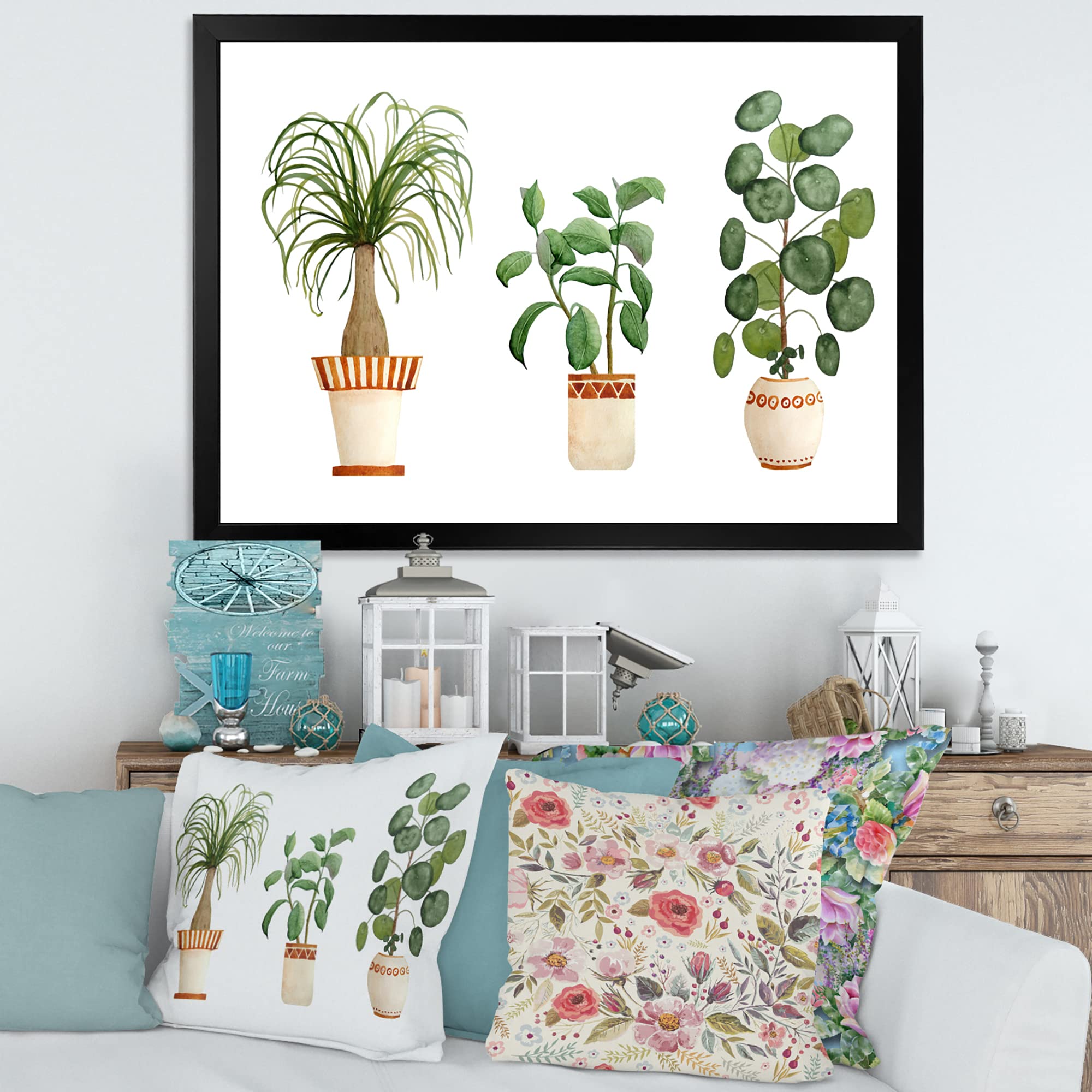 Trio of House Plants - Ponytail Palm & Ficus Traditional Framed Wall Art | Home & Office Decor | Perfect for Living Room, Bedroom & Office Spaces