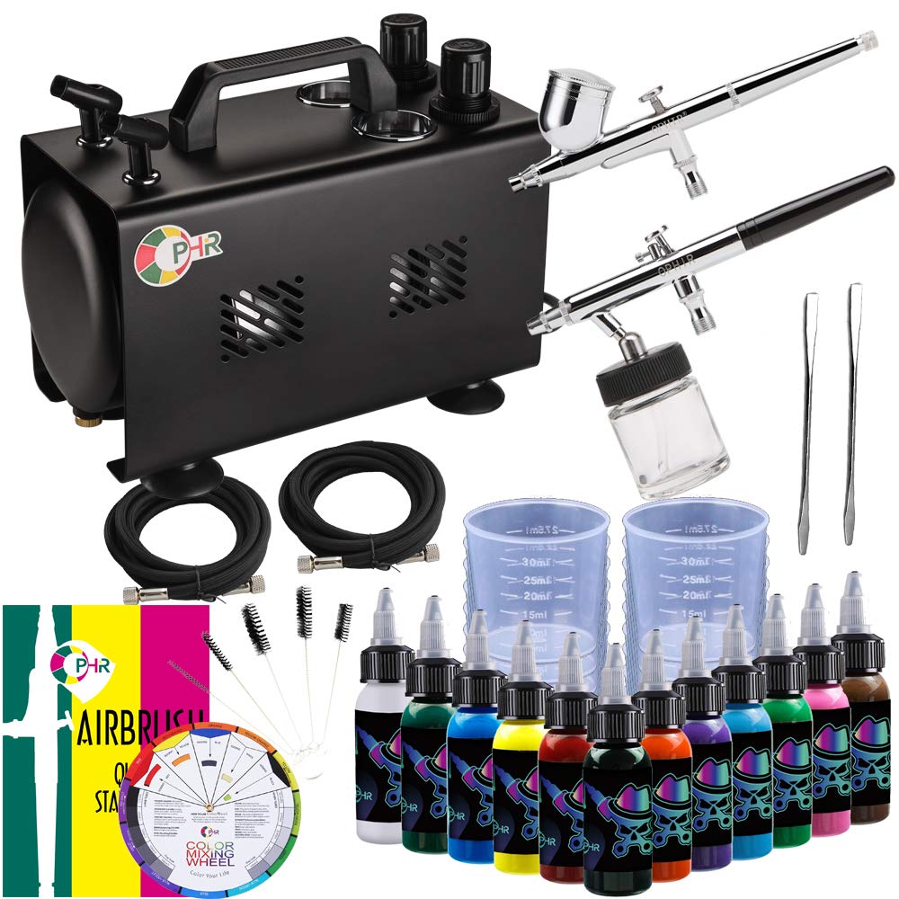 OPHIR Dual Outlet Airbrush Compressor with 1L Air Tank & Complete Airbrush Kit - Includes 2 Airbrushes, 12 Acrylic Paint Colors, 5 Cleaning Brushes & 20 Measuring Cups for Hobby, Model Painting & DIY Crafts