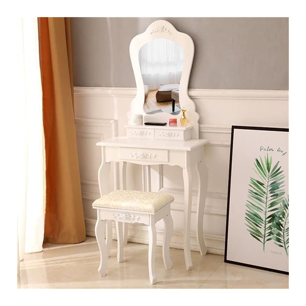 Vanity Dressing Table Set with Mirror - White Makeup Desk with 3 Drawers, 2 Shelves & Cushioned Stool for Women & Girls | Perfect for Bedroom, Dorm Room or Beauty Salon