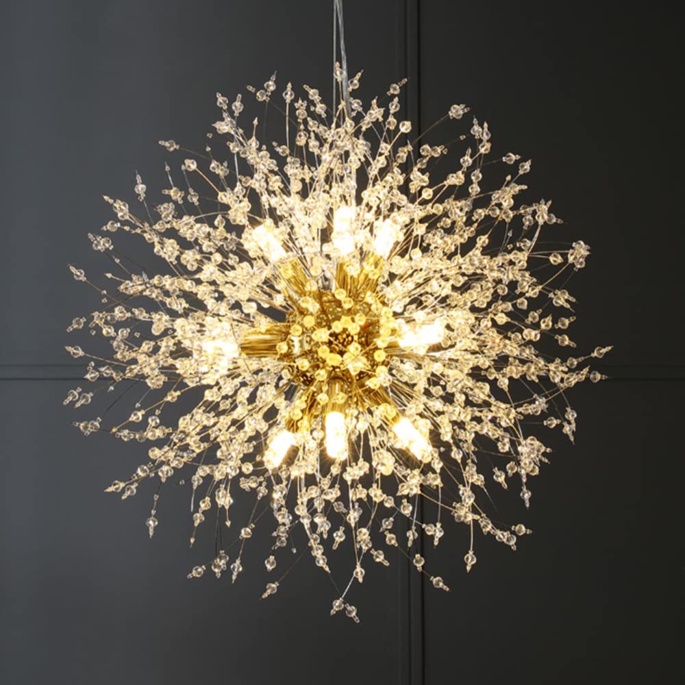 9-Light Gold Crystal Chandelier - Modern Firework Dandelion Ceiling Light Fixture for Dining Room, Bedroom, Hallway | Elegant Lighting for Weddings, Restaurants & Home Decor