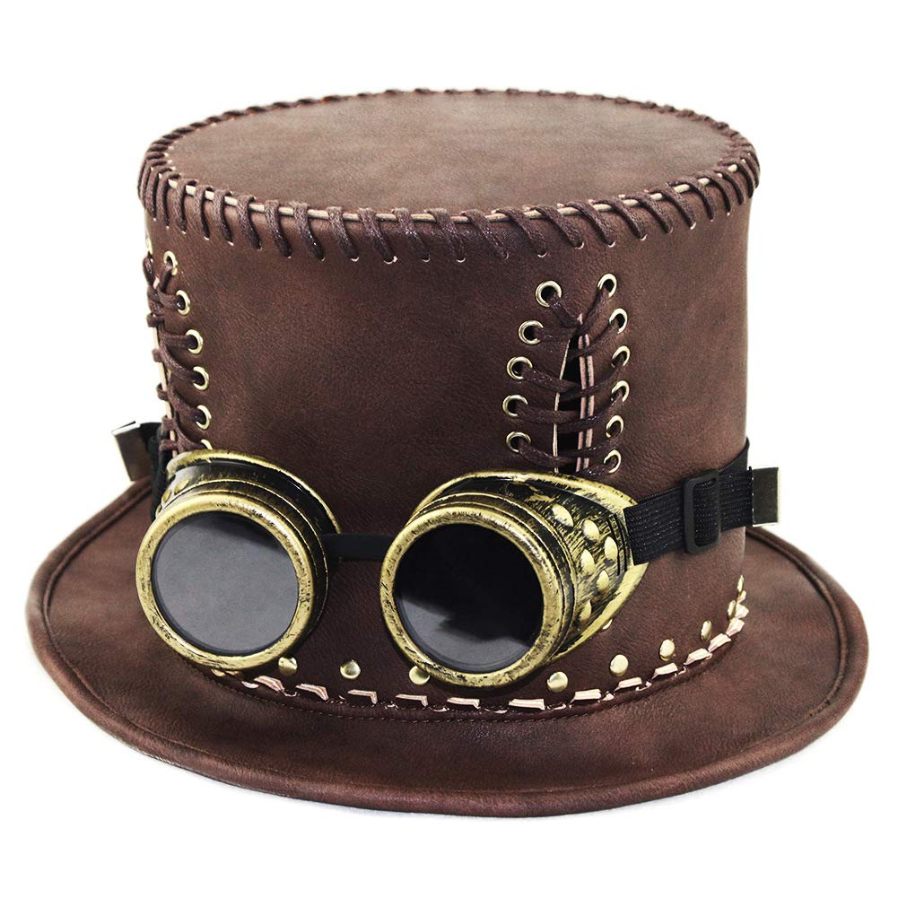 Steampunk Top Hat with Removable Goggles - Premium PU Leather Cosplay Hat for Men & Women | Victorian Costume Accessory for Halloween, LARP, Dance Performances & Themed Parties