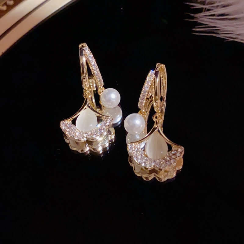 14K Gold Plated Ginkgo Leaf Huggie Earrings with Dangle Pearl Drop | Elegant Pearl Earrings for Women | Perfect for Weddings, Parties & Everyday Wear | A8078