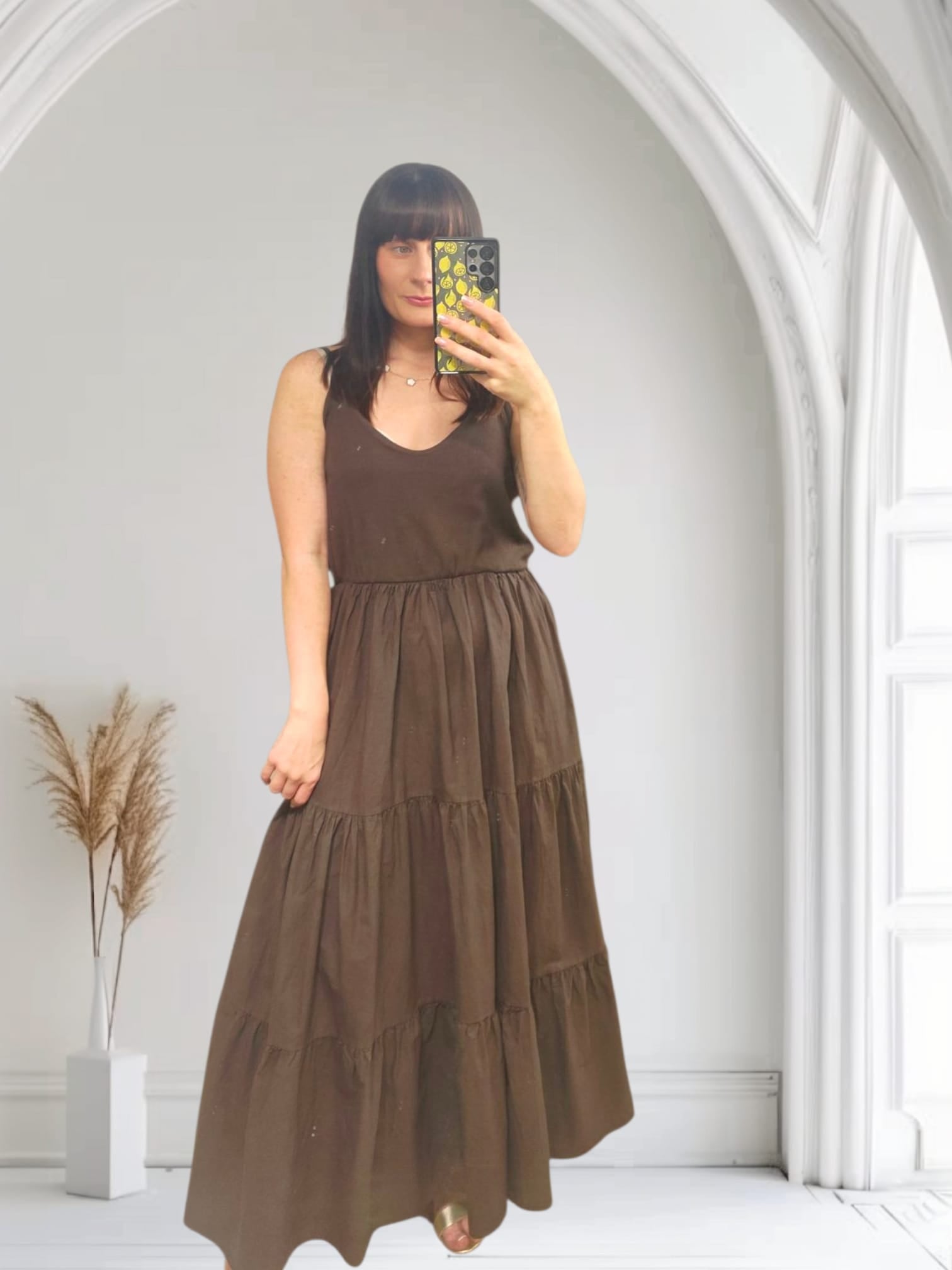 Dominique Tiered Flowy Midi Dress in Chocolate Brown - Elegant & Comfortable for Weddings, Parties & Date Nights