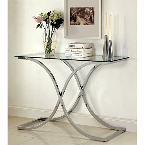 BOWERY HILL Modern Chrome Console Table with Tempered Glass Top - Perfect for Entryway, Living Room, or Hallway Decor