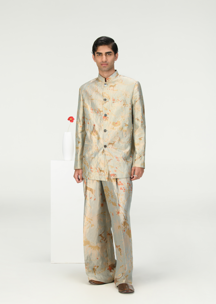 Elegant Bandhgala Silk Brocade Jacket in Ice Blue - Perfect for Weddings, Parties & Formal Events
