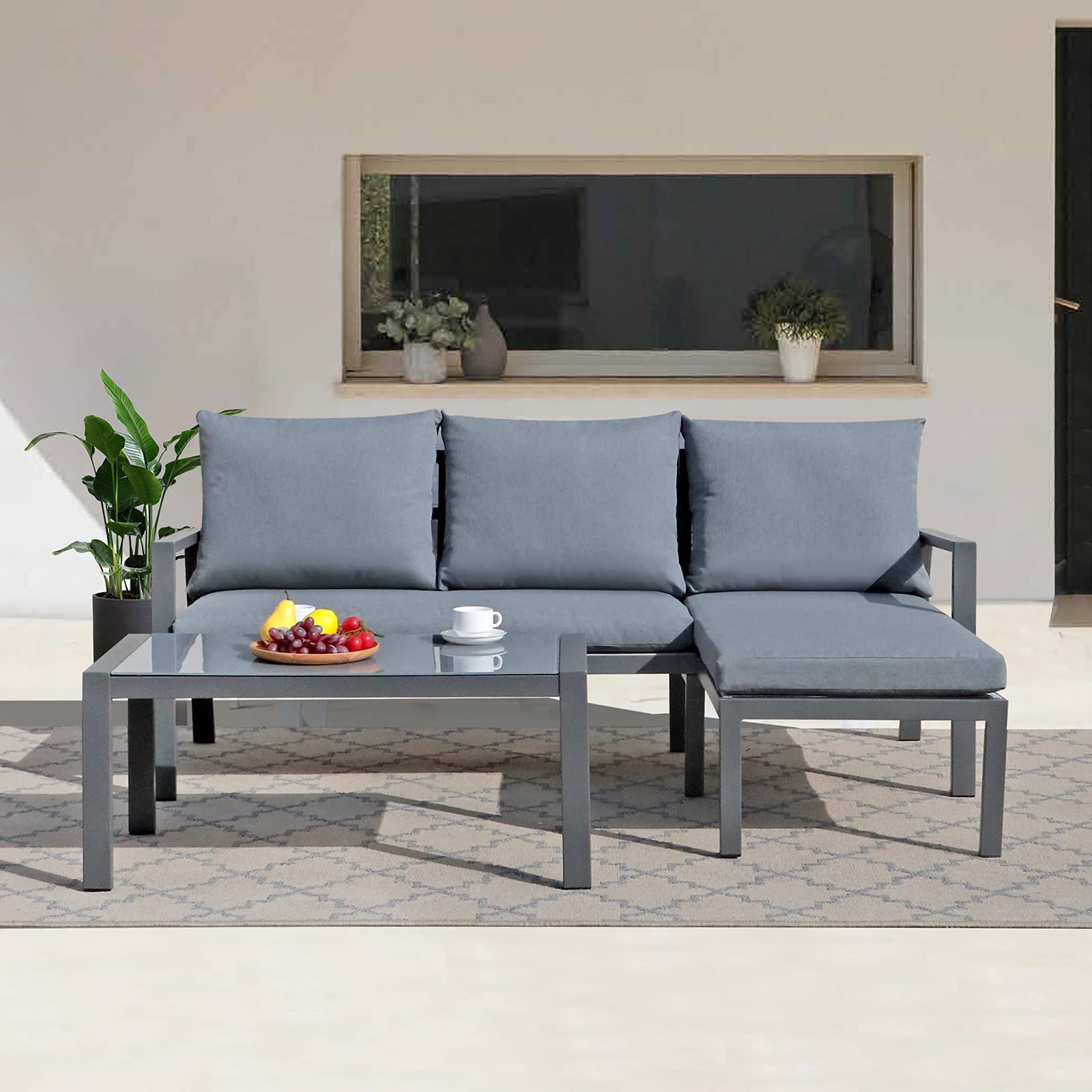 Outdoor Patio Furniture Set with Chaise Lounge - Aluminum L-Shaped Corner Sectional Sofa with Glass Coffee Table, Dark Grey Finish & Grey Cushions for Garden, Porch, Backyard - Perfect for Relaxing, Entertaining & Space-Saving Outdoor Living