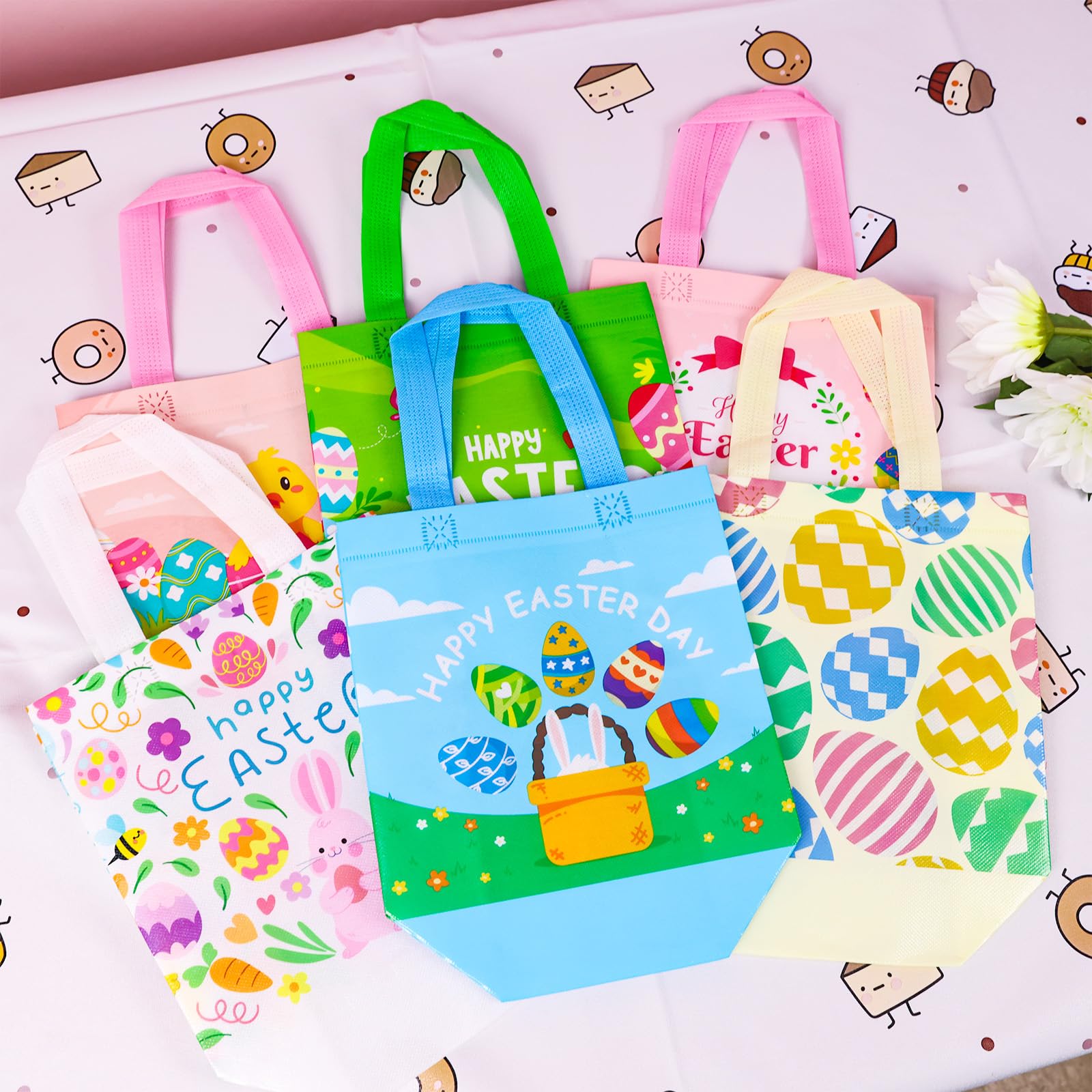 MGparty 24 Pack Easter Gift Bags with Handles - Reusable Non-Woven Holiday Favor Bags for Egg Hunt, Candy & Treats (8.9×8.7×4.3inch) - Perfect for Easter Party Favors, Classroom Treats & Spring Celebration Gifts