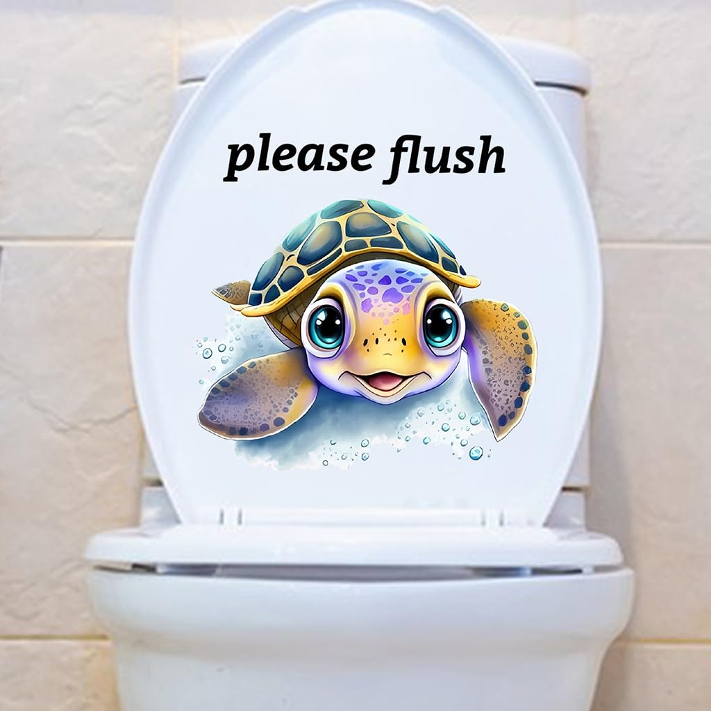 Funny Cartoon Turtle Toilet Cover Stickers - Waterproof Self-Adhesive Decals for Toilet Lid, Tank & Bathroom Wall - Colorful Drop Letter Design - Perfect for Kids' Bathroom Decor & Themed Home Renovation
