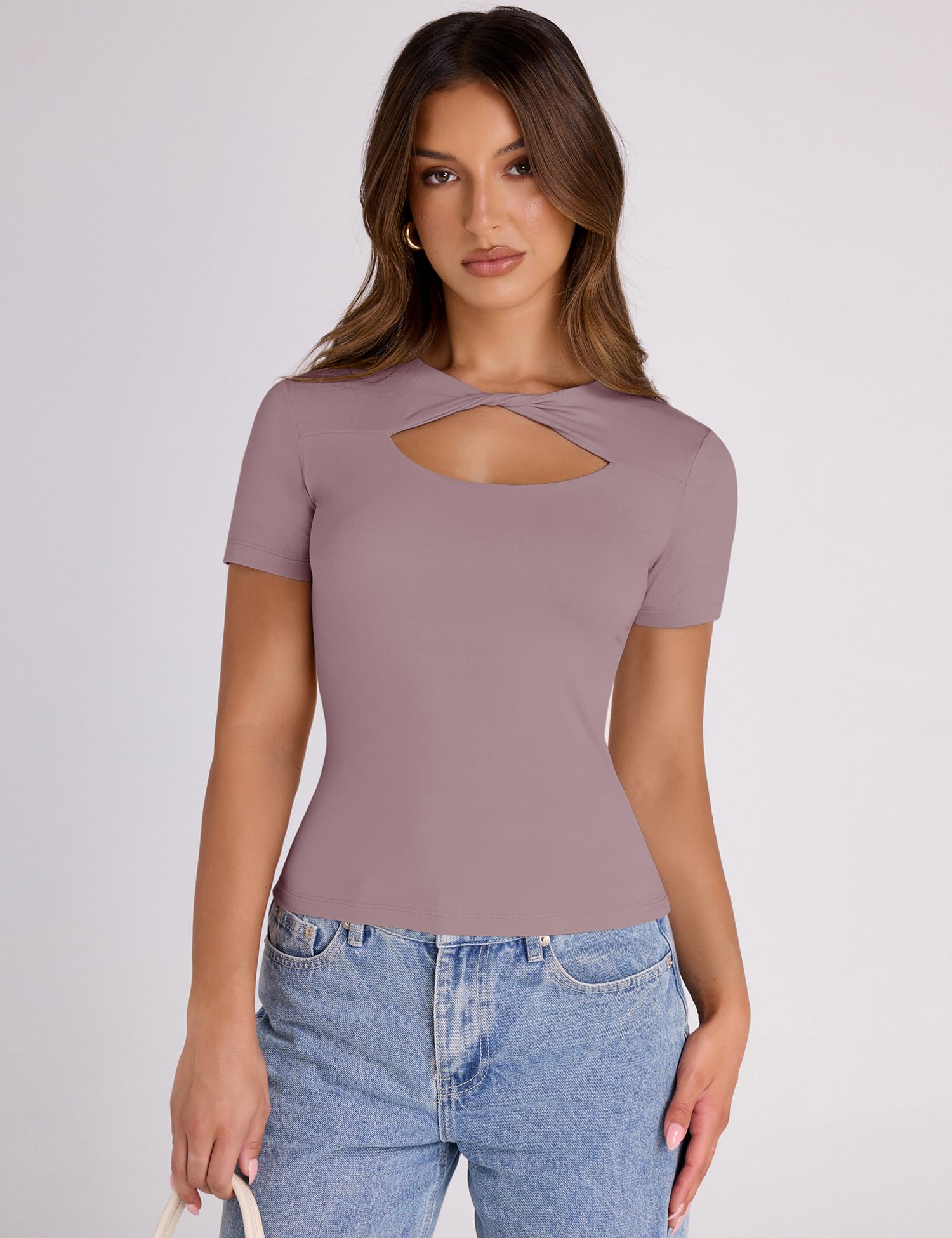 Micoson Women's Crew Neck Cutout Short Sleeve Shirts - Double Lined Knot Front Fitted Tops for Casual Outings, Date Nights & Summer Fashion | Trendy Tight Fit Going Out Shirts