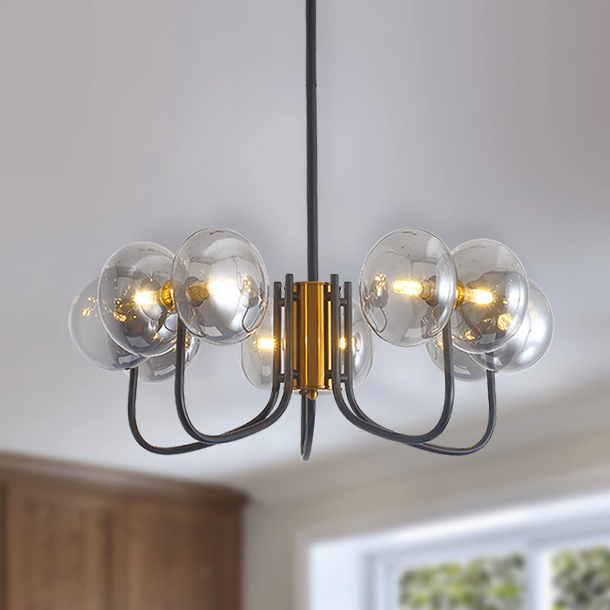 FivesStrip 10-Light Sputnik Chandelier with Glass Globes - Modern Gold & Black Ceiling Pendant Light for Dining Room, Kitchen, Living Room | Mid-Century Inspired Lighting Fixture