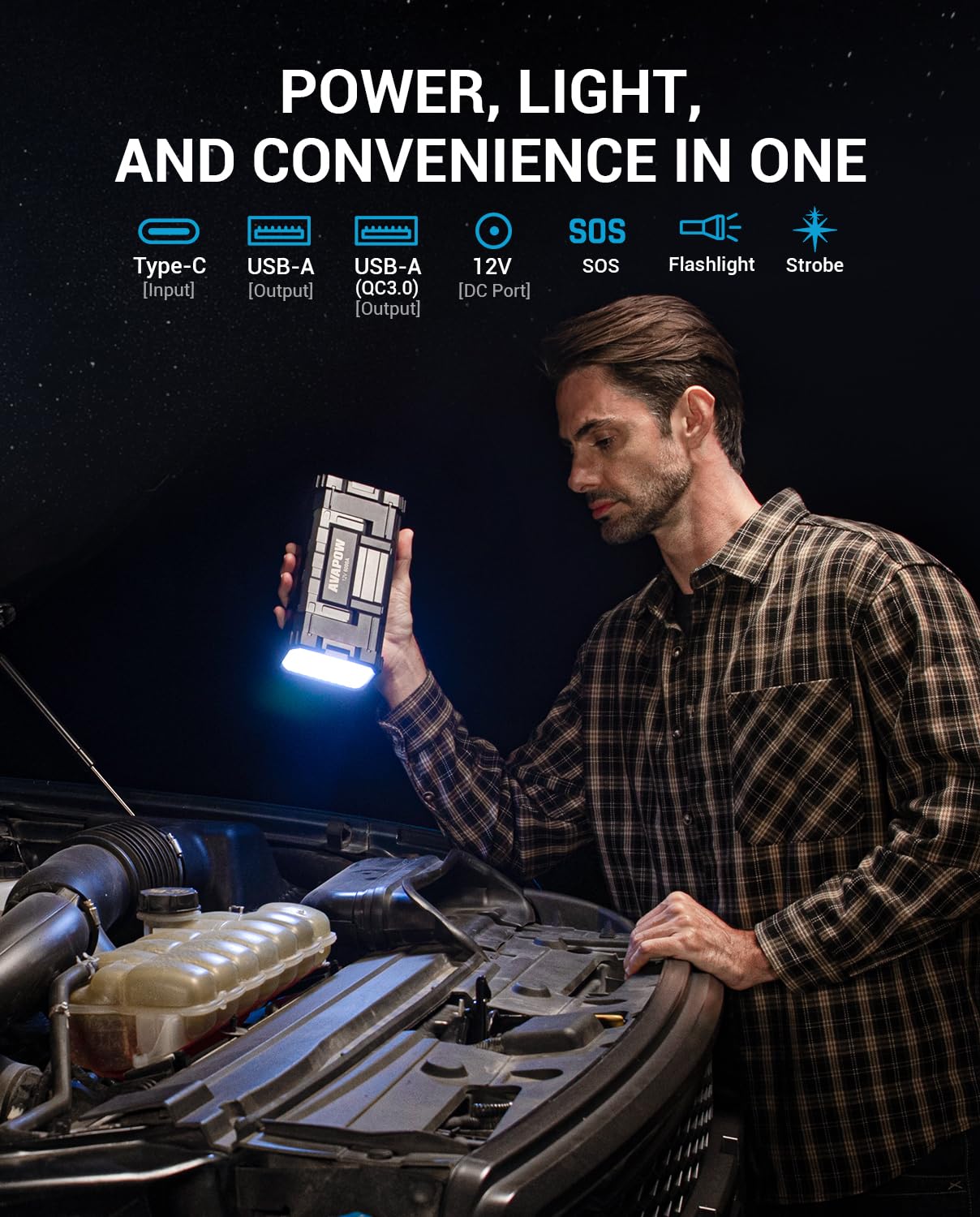 AVAPOW 6000A Car Battery Jump Starter - Powerful 12V Portable Jump Pack for All Gas & 12L Diesel Engines | Dual USB Quick Charge, DC Output & Built-in LED Light | Emergency Roadside Assistance, Camping & Power Outages