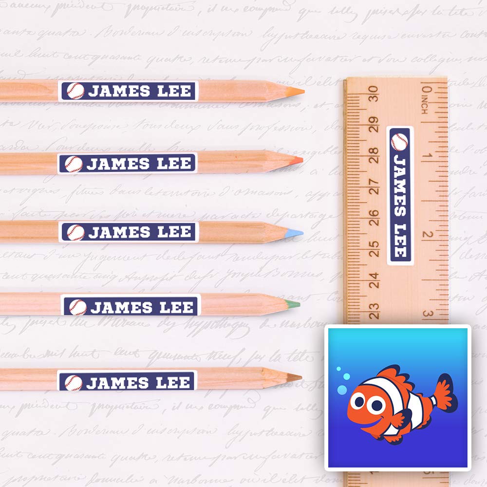 Peel & Stick Waterproof Name Labels - 80 Skinny Personalized Clownfish Design Durable Stickers for Kids School Supplies, Lunch Boxes & Water Bottles