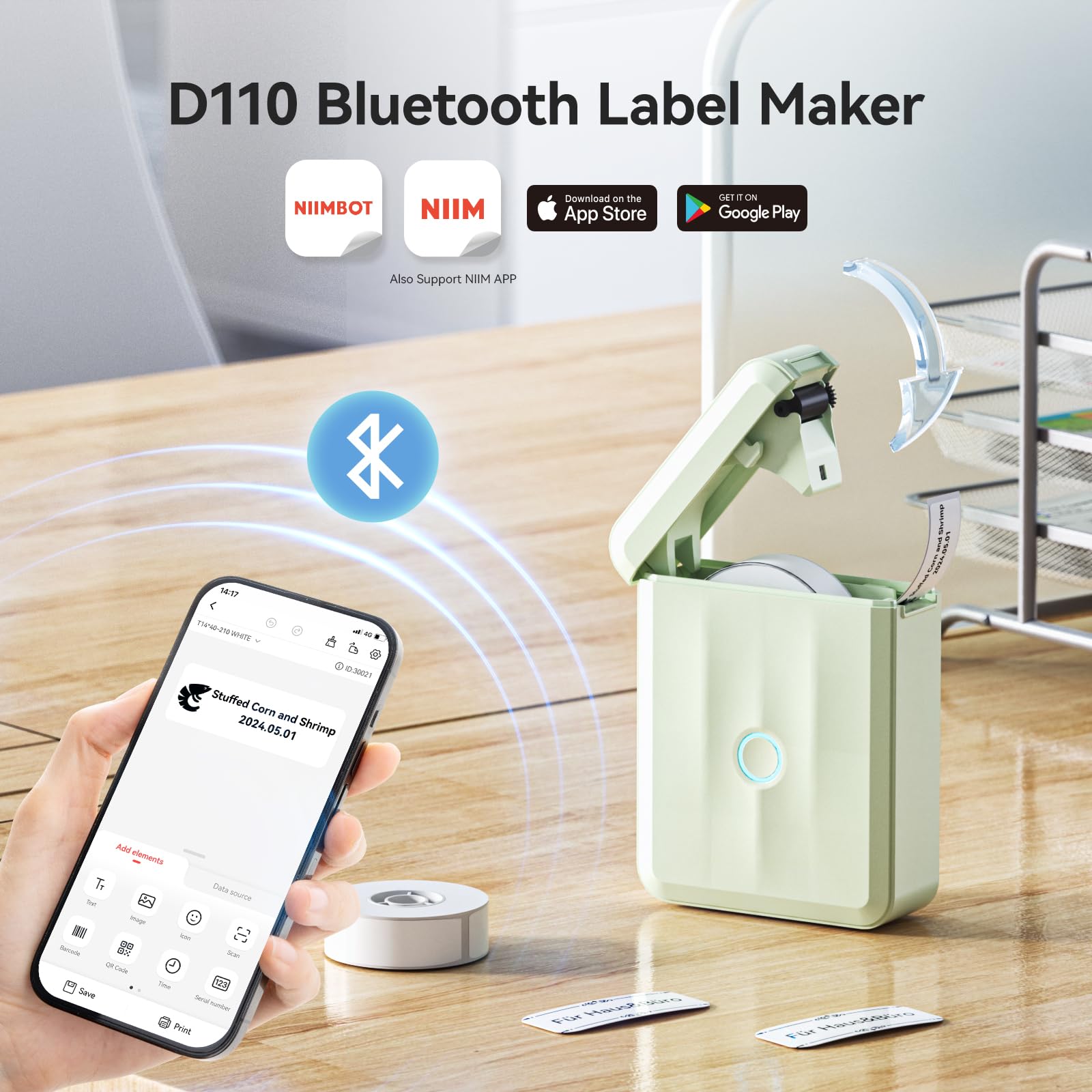 NIIMBOT D110 Bluetooth Label Maker Machine - Handheld Thermal Sticker Printer with Tape for Home, Kitchen, Office & School Organization | Perfect for Labeling Storage Boxes, Spice Jars & School Supplies (Green)