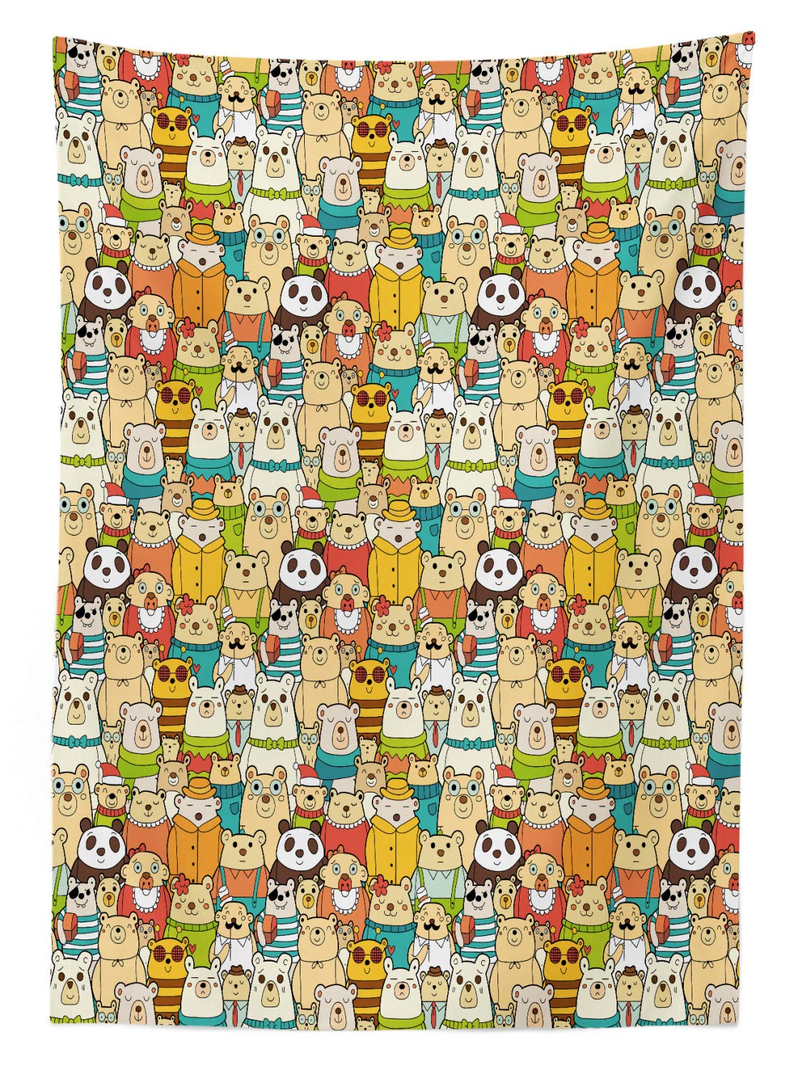 Ambesonne Funny Polar Bears Tablecloth - Comical Doodle Teddy Crowd Design, Washable Outdoor Picnic Table Cover 58x104 Inches, Multicolor - Perfect for BBQs, Parties & Picnics