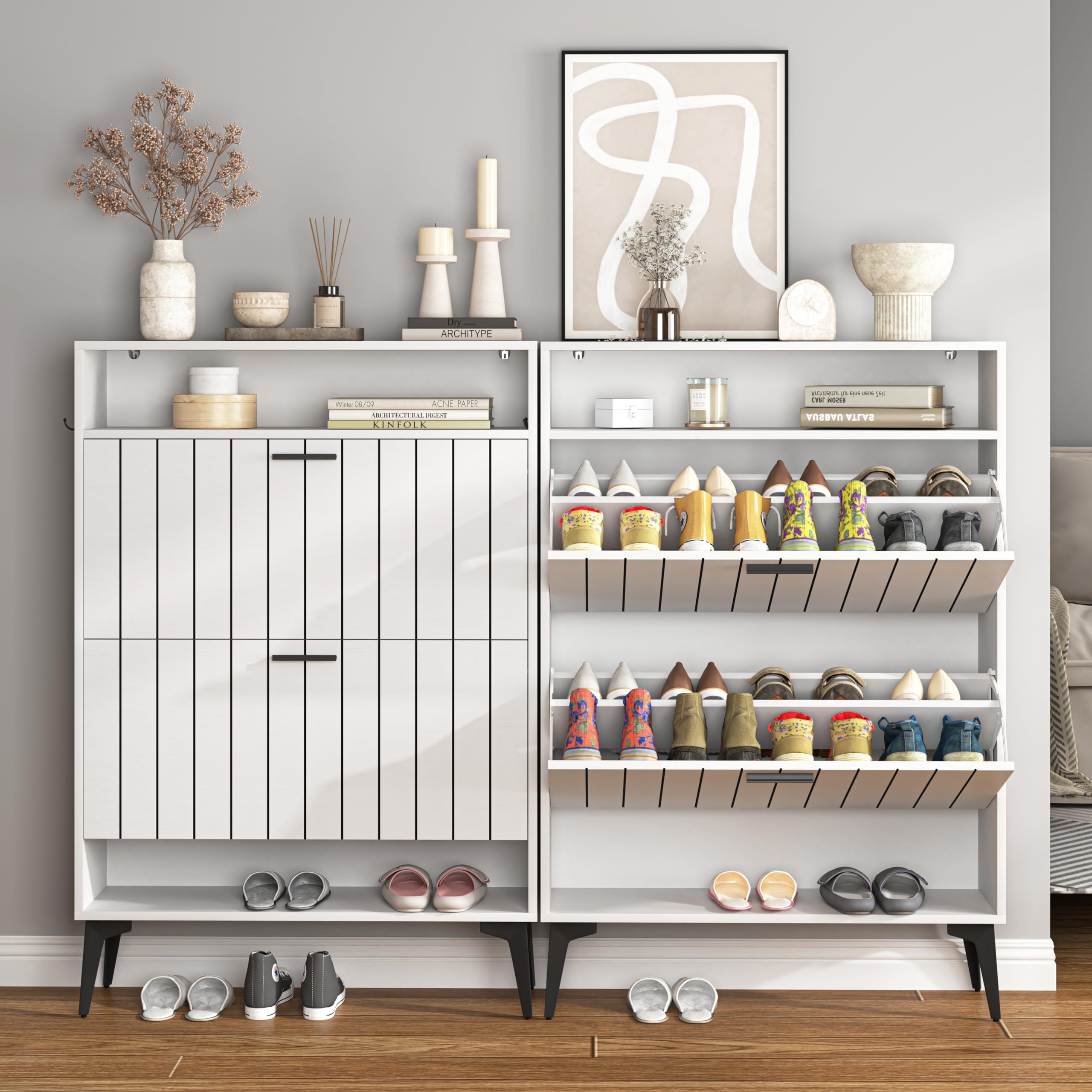 2-Tier Flip-Drawer Shoe Cabinet with 4 Open Shelves - Freestanding Narrow Shoe Organizer Rack for Entryway & Hallway - Perfect for Small Spaces, Apartment Living & Closet Storage