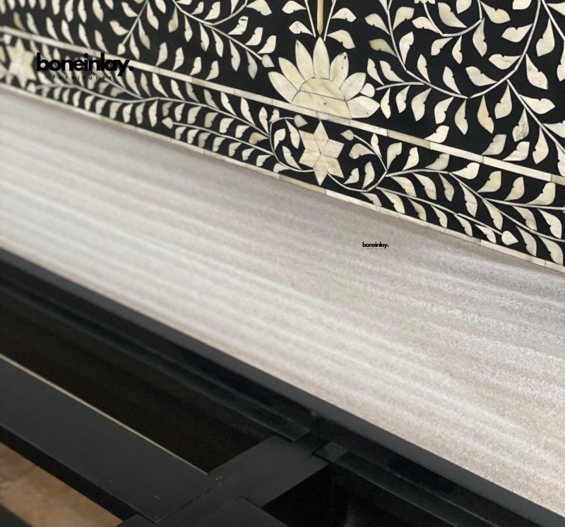 Luxury Black Bone Inlay Bed with Intricate Floral Design - Handcrafted Wooden Bed Frame for Master Bedroom, Guest Room & Boho Chic Home Decor