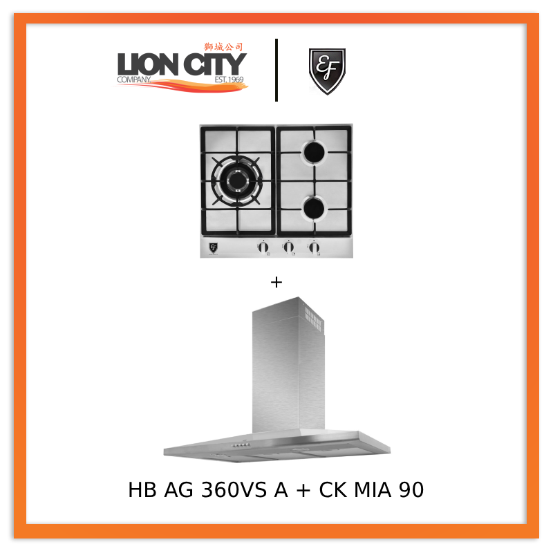 EF CK Mia 90 90cm Stainless Steel Kitchen Chimney Hood with EF HB AG 360VS A 58cm Built-in Gas Hob - Modern Ventilation for Home Cooking & Professional Kitchens