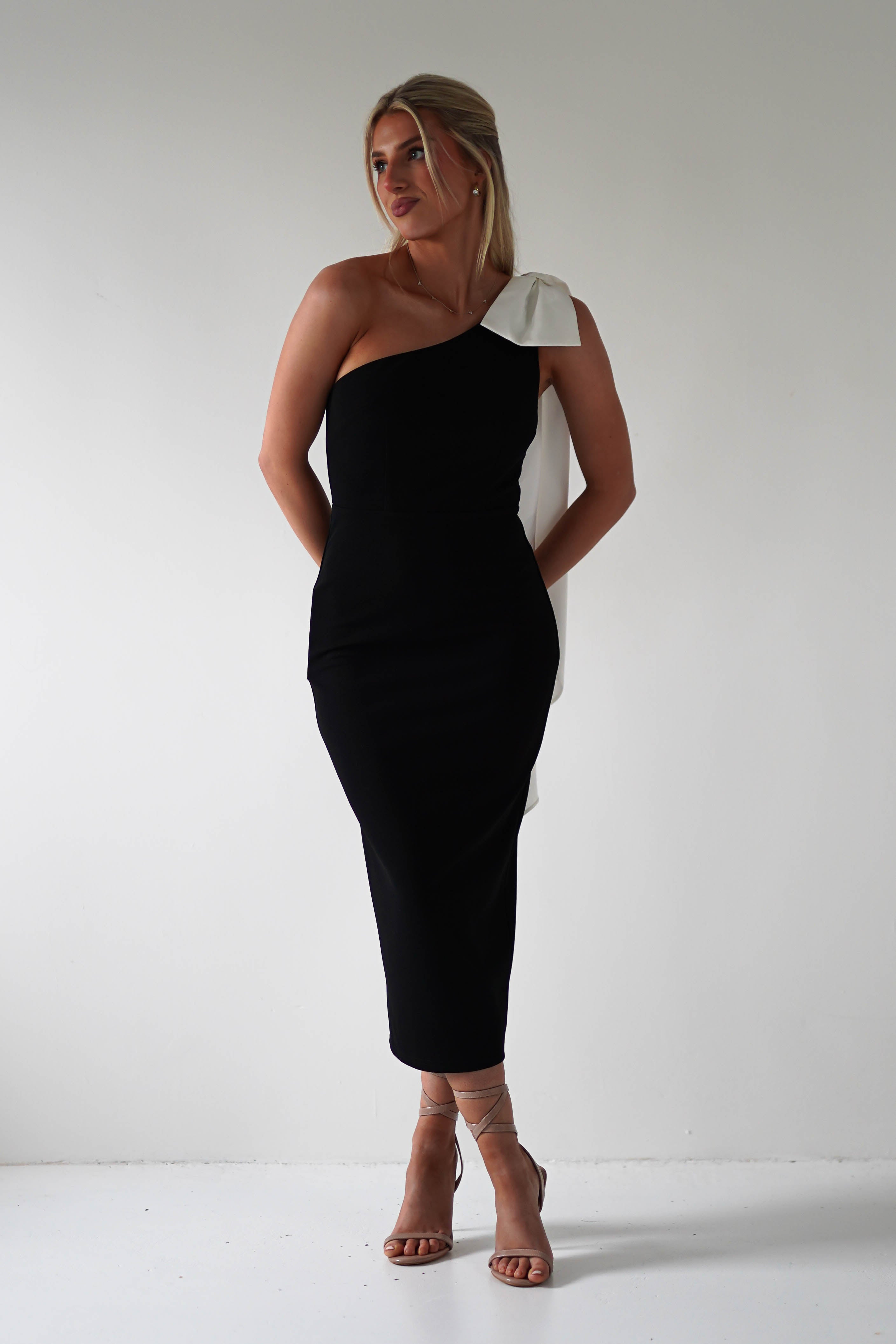 Camella Bodycon Bow Detail Midi Dress for Women - Elegant Black Party Cocktail Dress | Perfect for Night Out, Date Night, and Special Occasions