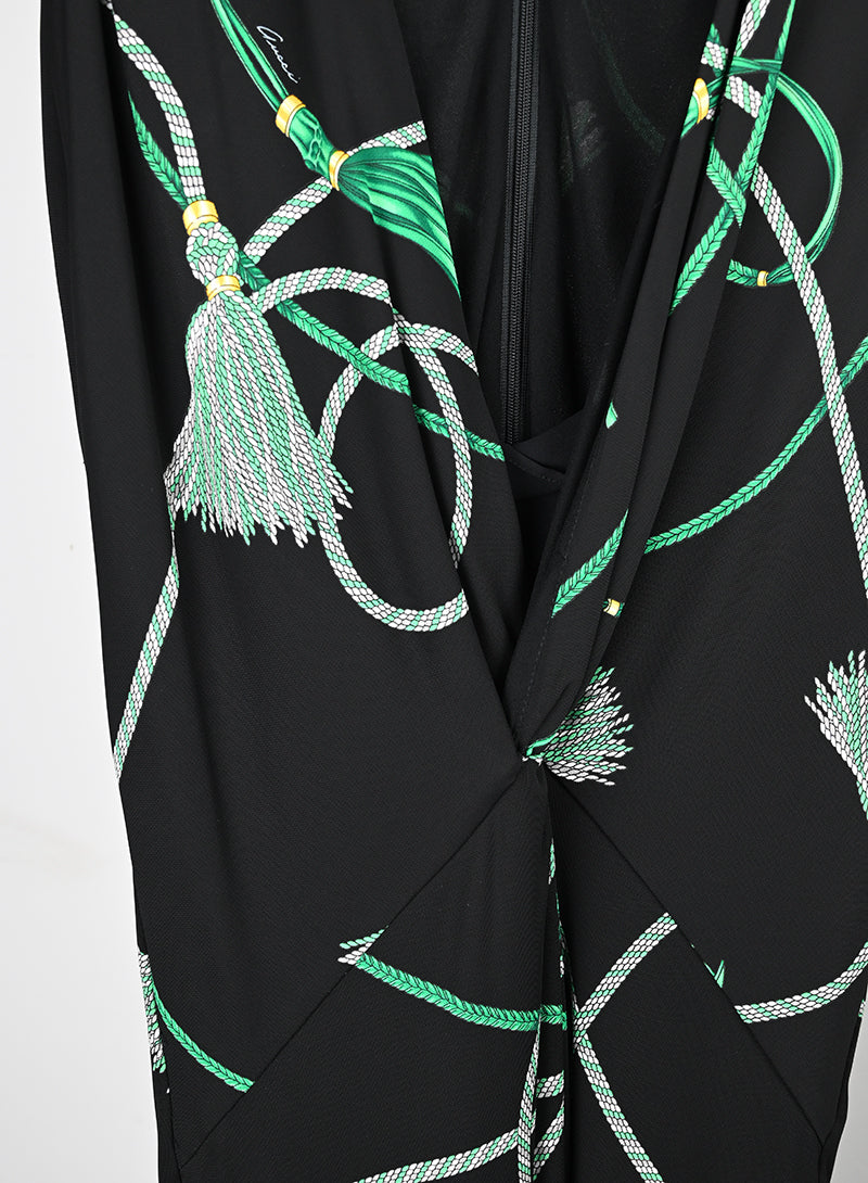 Gucci Black Dress with Green Fantasy Print - Size S | Elegant Evening Wear for Women's Parties & Special Occasions