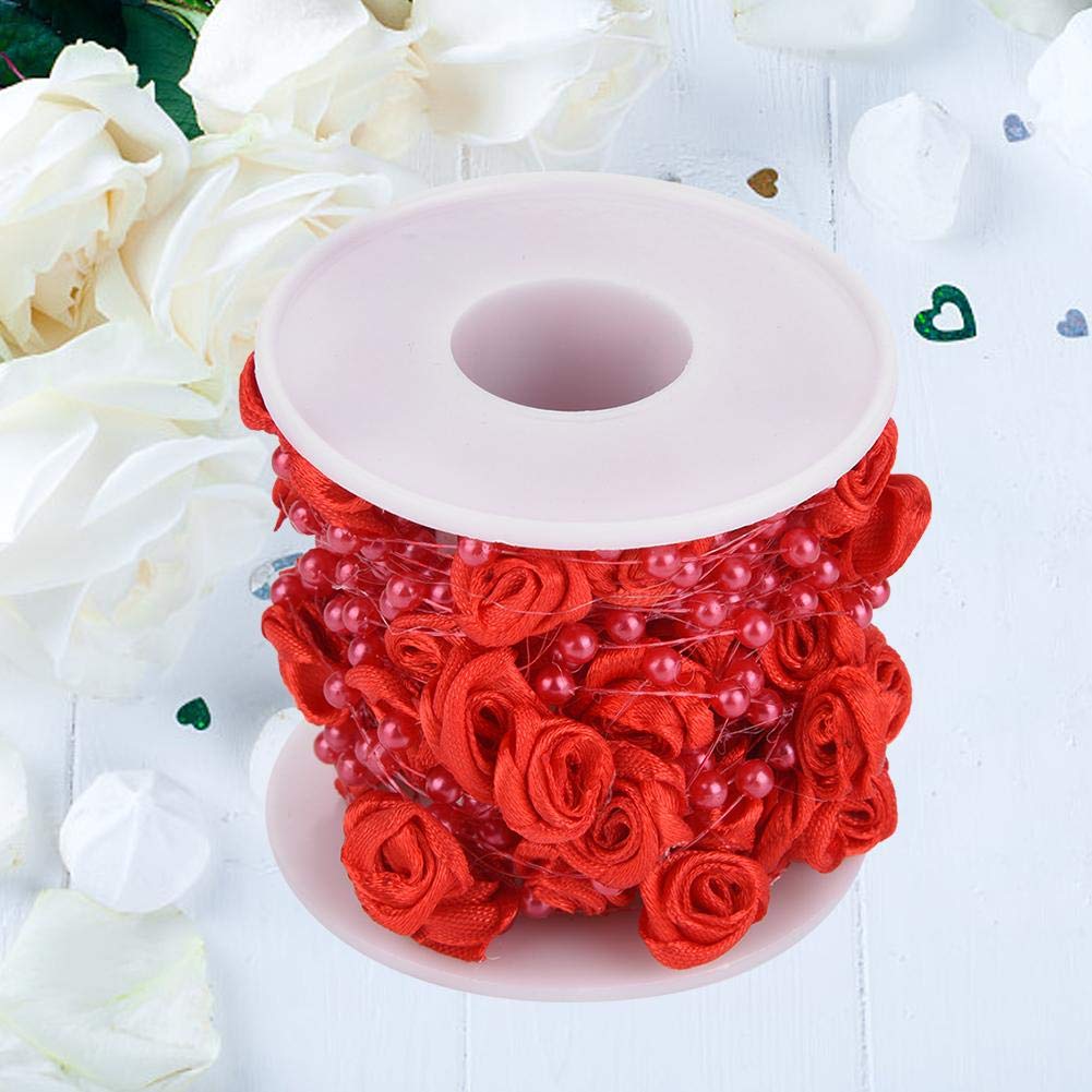 32.8ft Artificial Rose Pearl Beaded Ribbon - Red Floral Wire Beads Fabric Trim for DIY Wedding Decorations, Gift Wrapping, Hair Accessories & Home Crafting