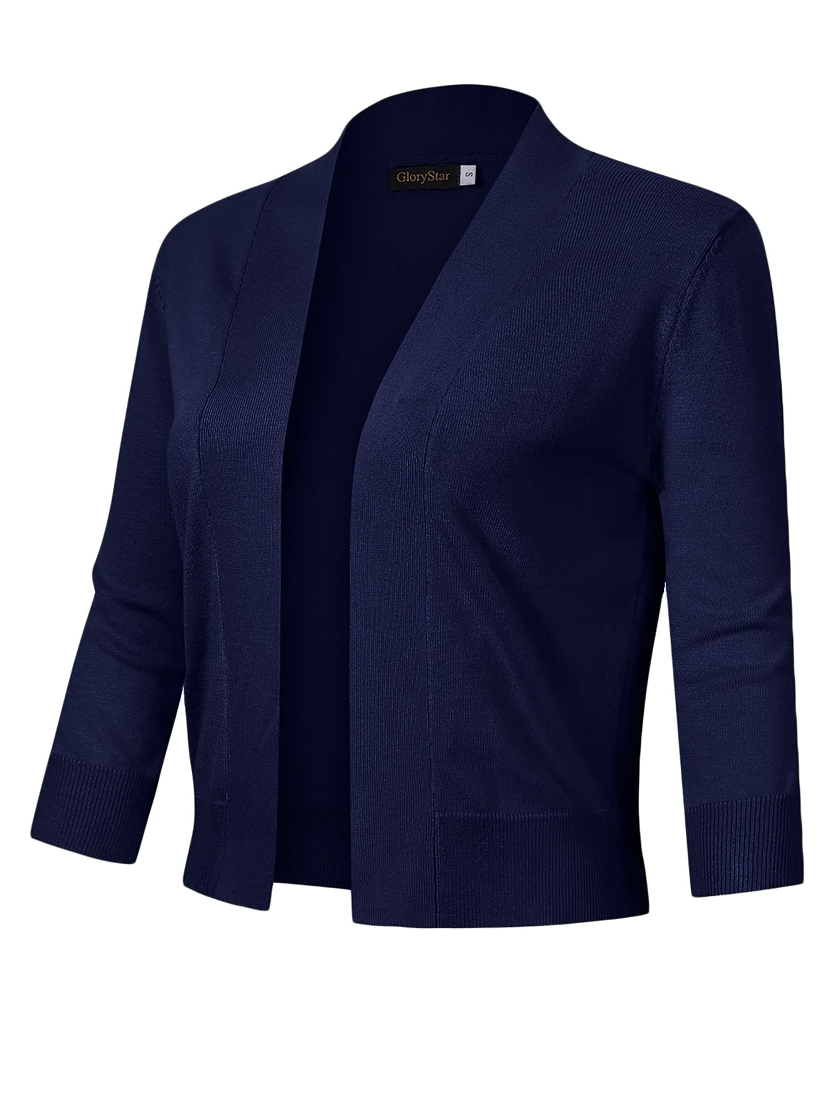 GloryStar Women's Navy Blue 3/4 Sleeve Cropped Cardigan Sweater - Open Front Knit Short Bolero Shrug (Size M) | Perfect for Office Wear, Casual Outfits & Layering in Spring/Fall