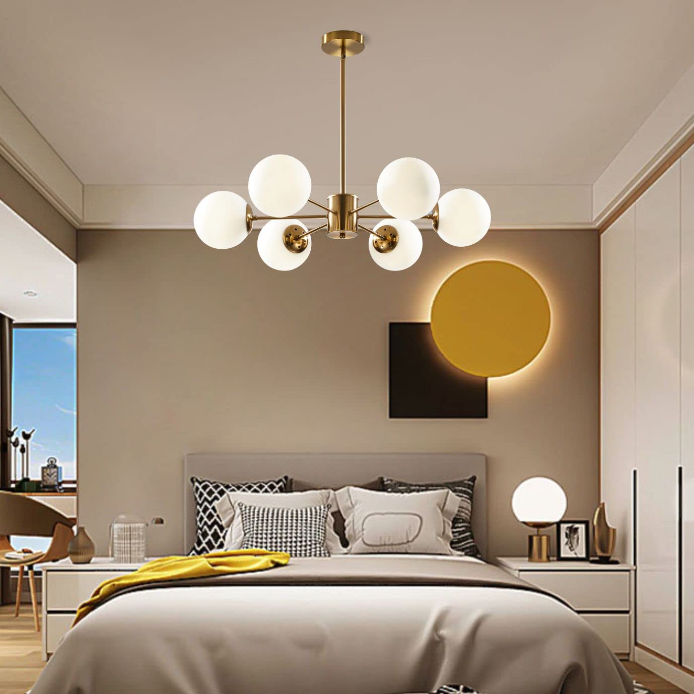 KCO Lighting 1-Light Globe Pendant & 6-Light Sputnik Chandelier Set - Modern Glass Globe Ceiling Light Fixture for Kitchen Island, Dining Room, Bedroom, Living Room - Perfect for Home & Restaurant Lighting Decor