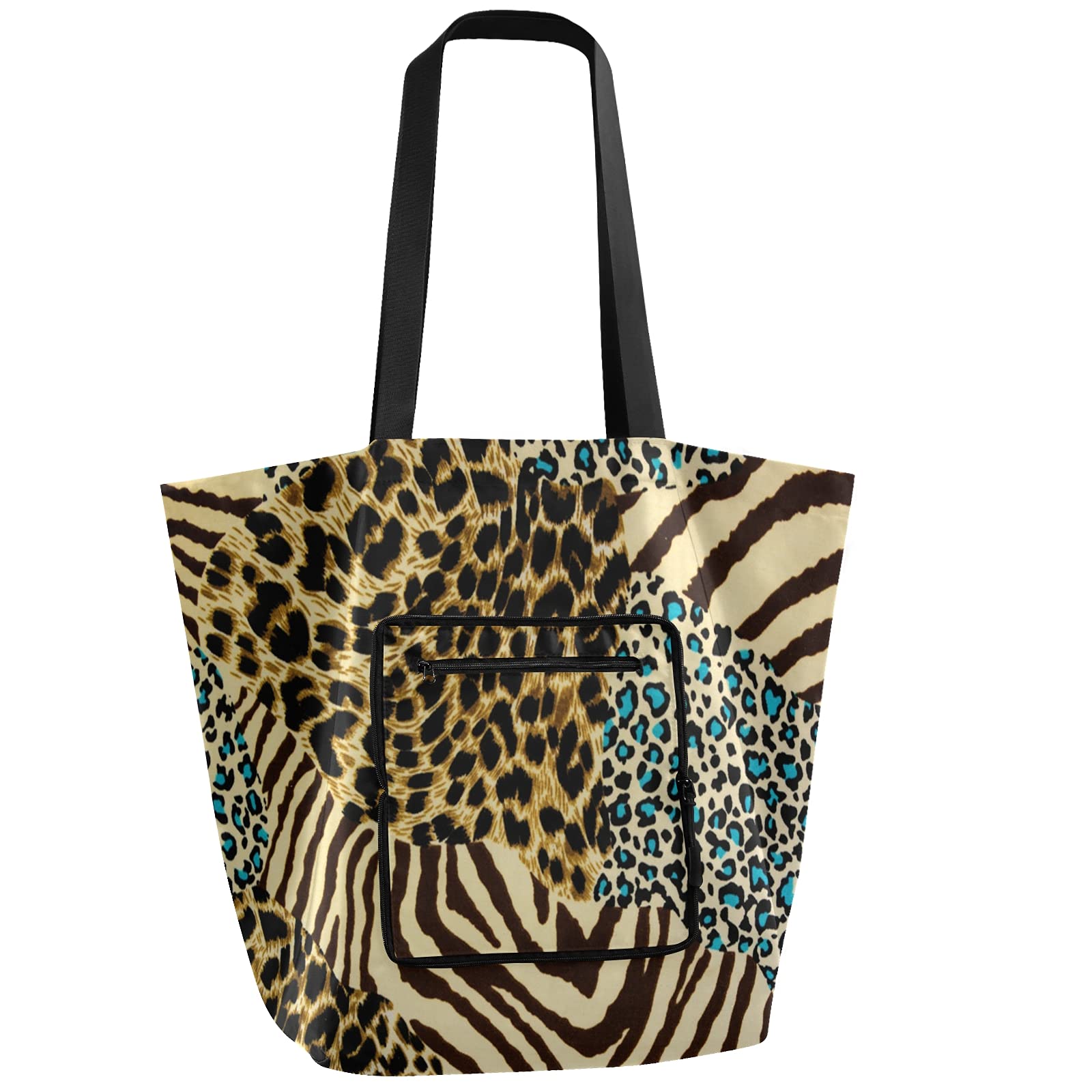 Vintage Large Tote Bag with Zebra Tiger Print - Reusable Foldable Grocery Shopping Bag with Handles, Lightweight Shoulder Bag for Women - Perfect for Outdoors, Picnic, Travel, Beach & Daily Use