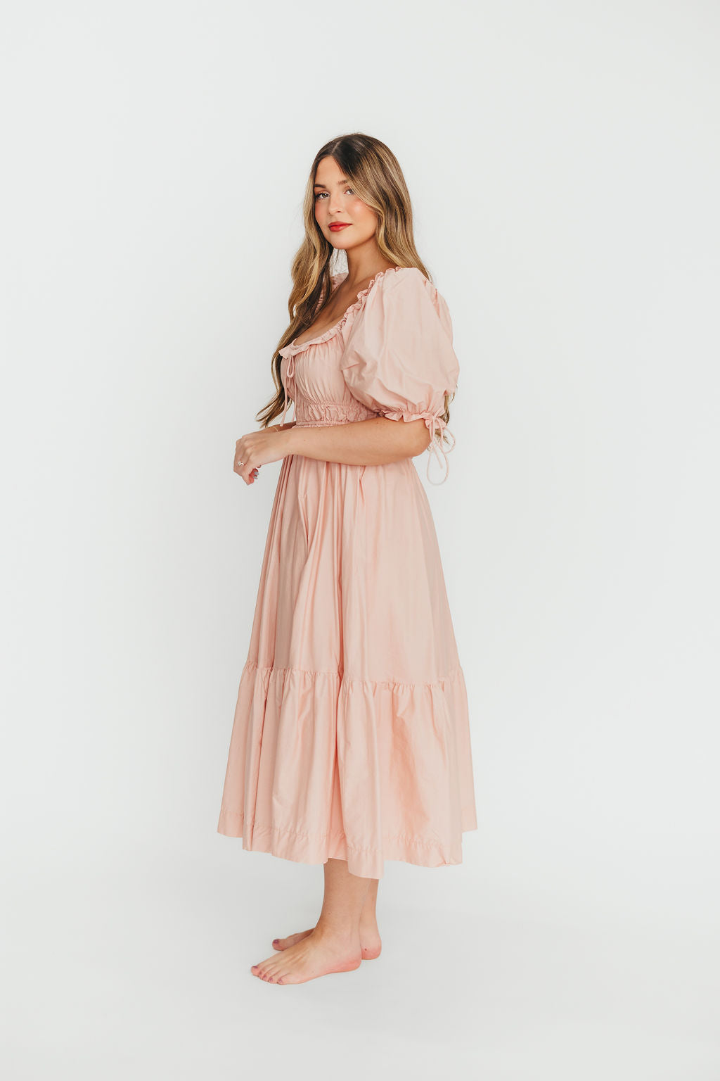 100% Cotton Crissy Ruched Midi Dress in Dusty Pink | Bump Friendly Maternity Dress | Perfect for Baby Showers, Date Nights & Summer Weddings