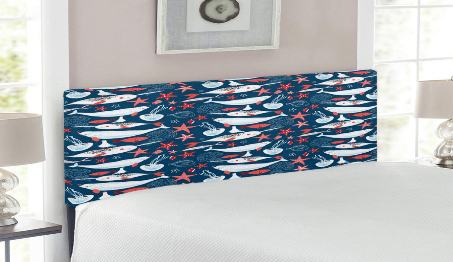 Ambesonne Narwhal Upholstered Headboard - Queen Size Metal Bed Frame with Memory Foam, Arctic Ocean Fauna Design Featuring Whales & Jellyfish in Royal Blue & Pale Blue | Perfect for Coastal, Nautical or Kids' Bedroom Decor