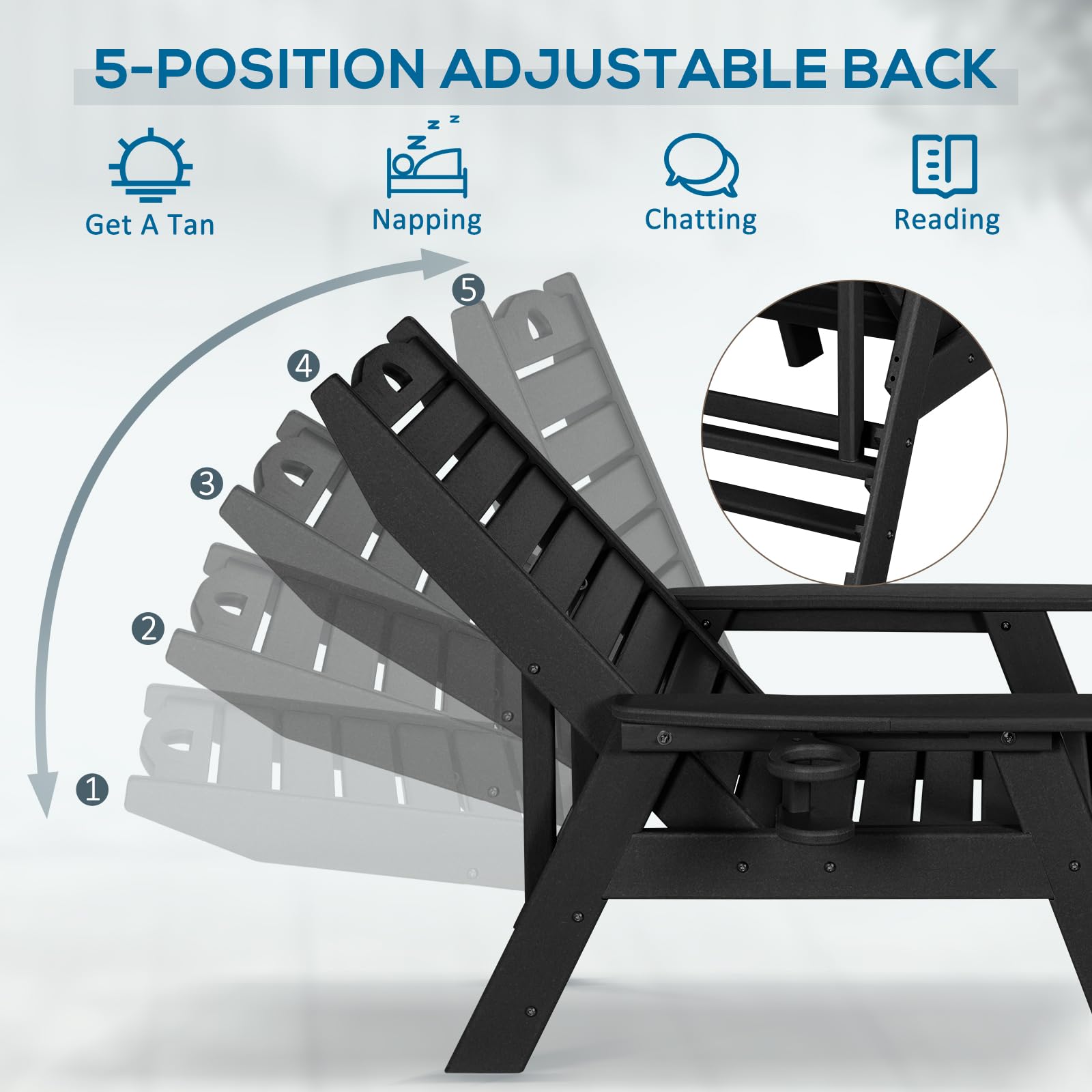 **2-Piece Nalone Outdoor Chaise Lounge Set - 5-Position Adjustable Backrest, Heavy-Duty HDPE Lounge Chairs Supports 400 LBS - Perfect for Patio, Poolside, Deck, Beach & Backyard (Black)**    *Use Cases: Relaxing by the pool, sunbathing at the beach, lounging on the patio, or enjoying backyard gatherings.*