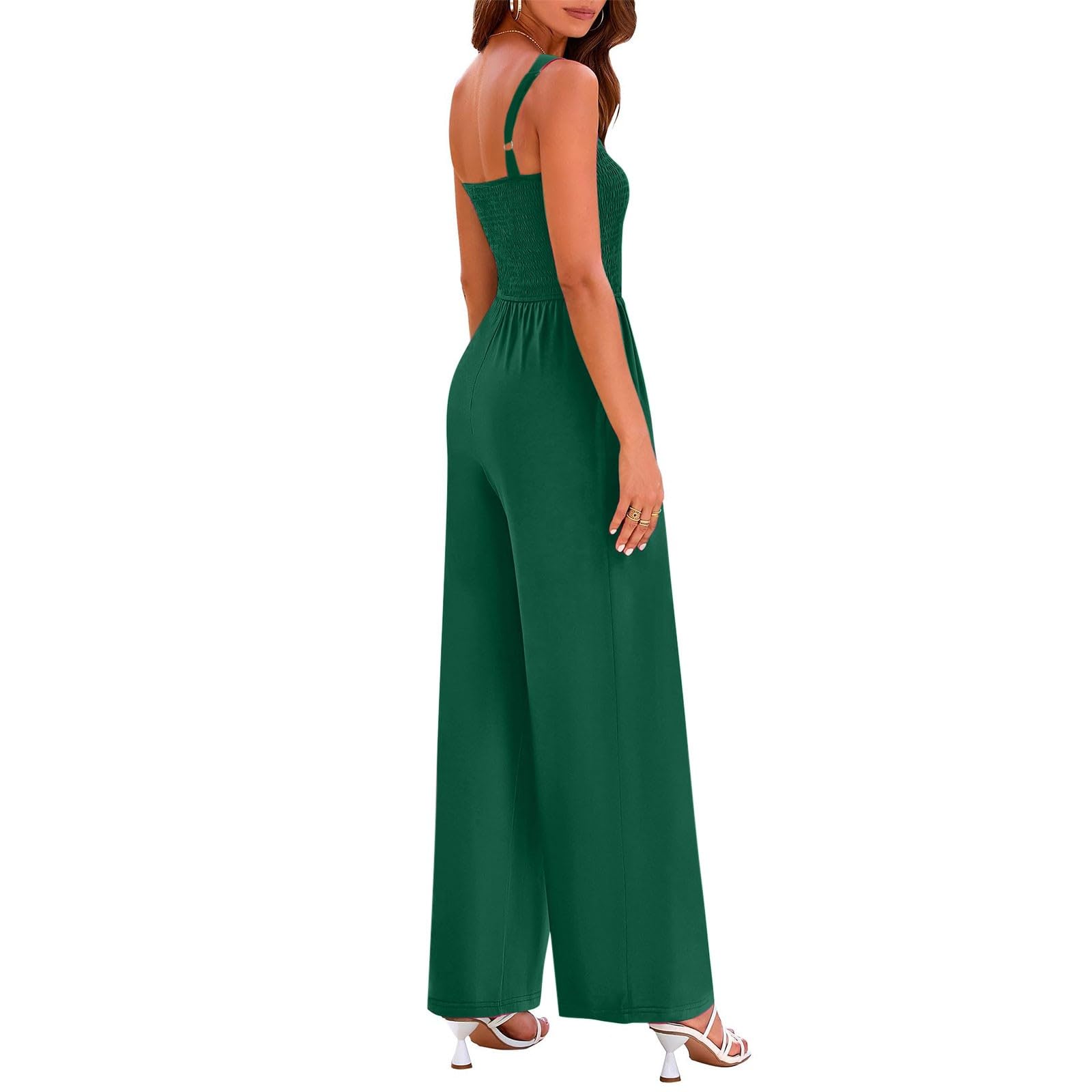 Women's Casual & Dressy Smocked High Waist Wide Leg Jumpsuit Romper with Pockets - Sleeveless Summer Overalls for Work, Travel & Outdoor Activities