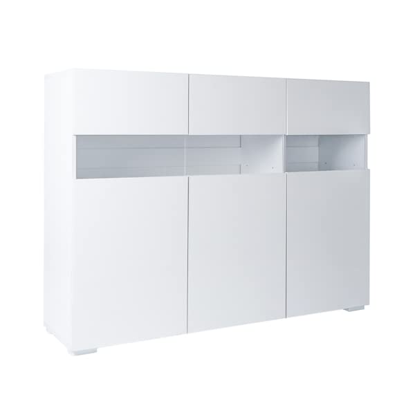 Modern LED Side Cabinet - High Gloss Entryway Storage with Shelves & Door for Living Room, Kitchen, Dining Room & Hallway - Perfect for Home Organization & Display (White)