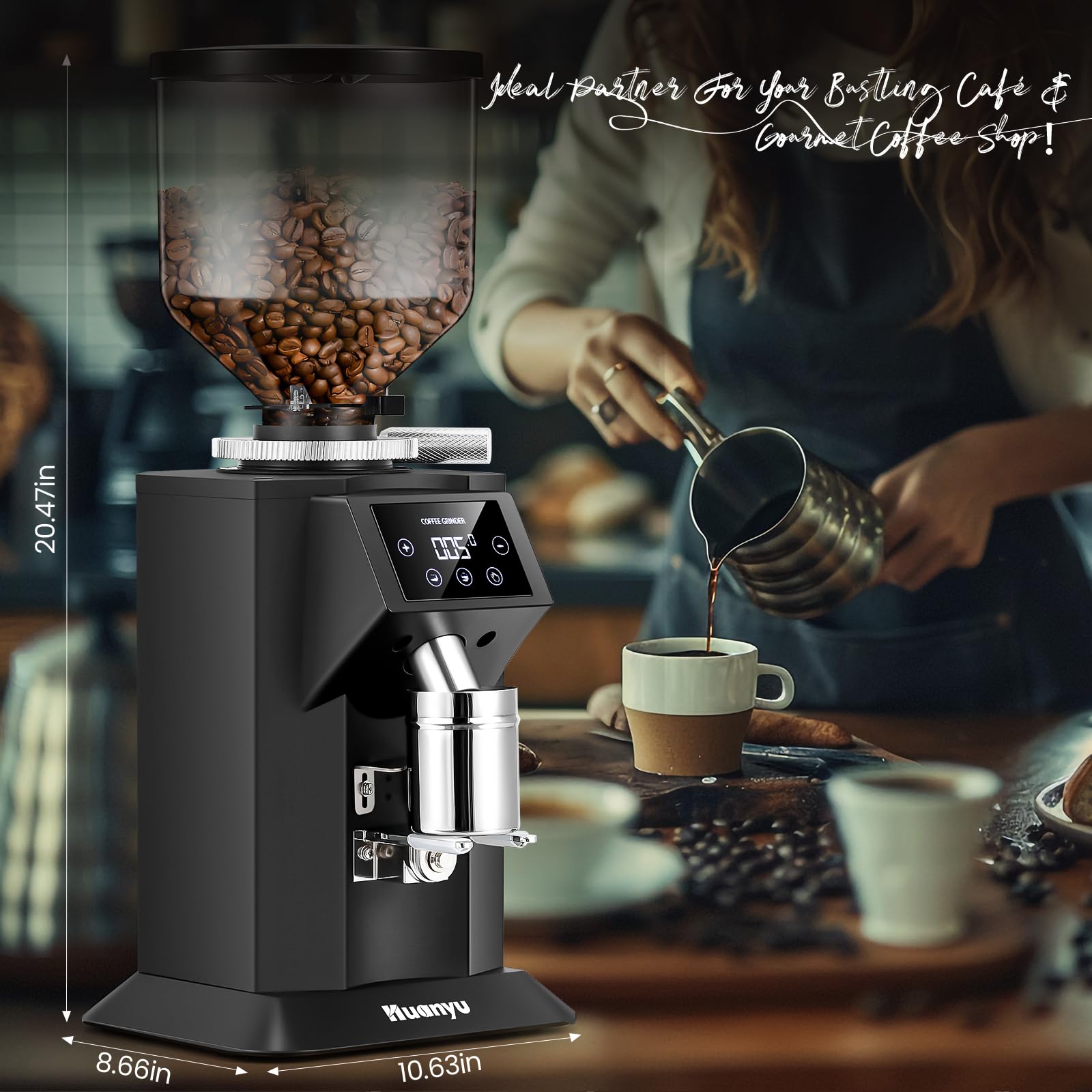 Huanyu Professional Electric Coffee Grinder - 74mm Flat Burr, 53oz Bean Hopper, 15 Infinite Grinding Settings, Touch Screen Display (Black) - Perfect for Espresso, French Press & Pour Over Coffee Brewing at Home or Cafe