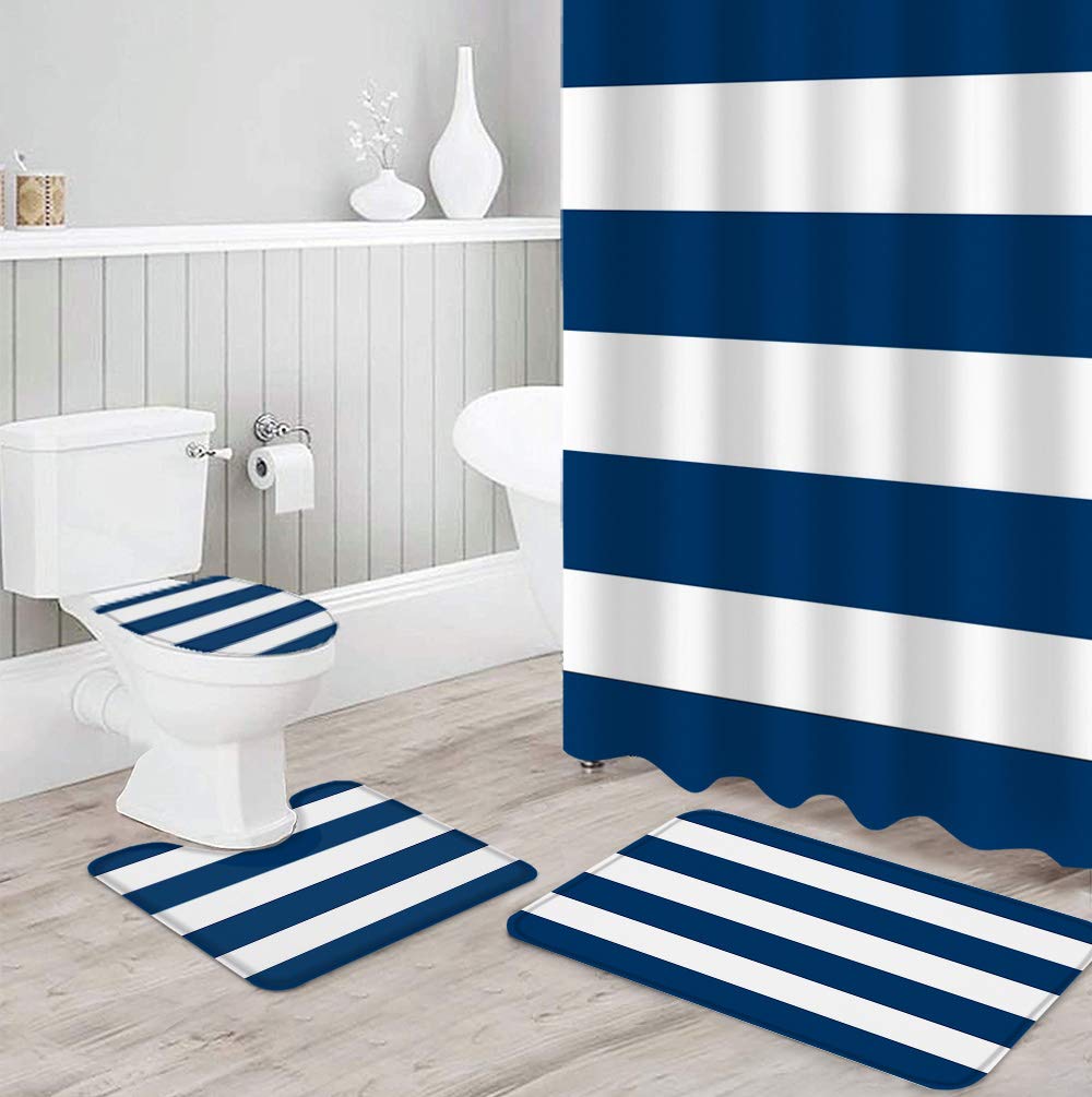 4-Piece Navy Blue and White Stripe Shower Curtain Set - Waterproof Bathroom Decor with Non-Slip Rug, Toilet Cover, Bath Mat & 12 Hooks | Classic Bathroom Accessories for Modern Homes