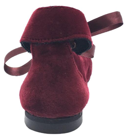 Luccini Girls' Burgundy Velvet Ankle Strap Ballet Flats with Leather Lining & Ribbon Tie - Elegant Dress Shoes for School, Parties & Special Occasions