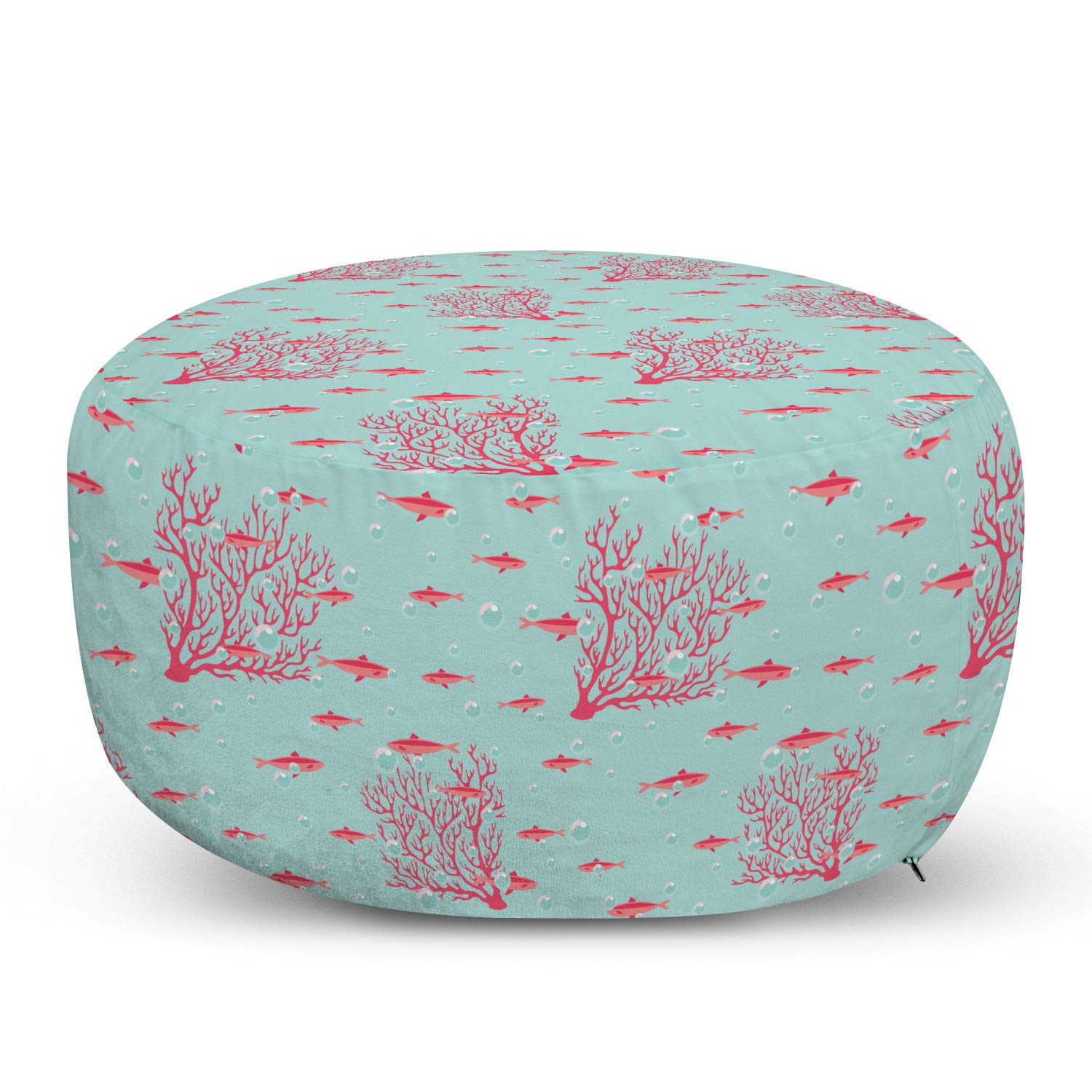 Ambesonne Coral Pouf Cover with Zipper - Aquatic Pattern Fish & Coral Reef Design, Soft Decorative Fabric Unstuffed Case 30x17.3 Inch, Dark Coral & Pale Blue - Perfect for Living Room, Nursery or Beach House Decor