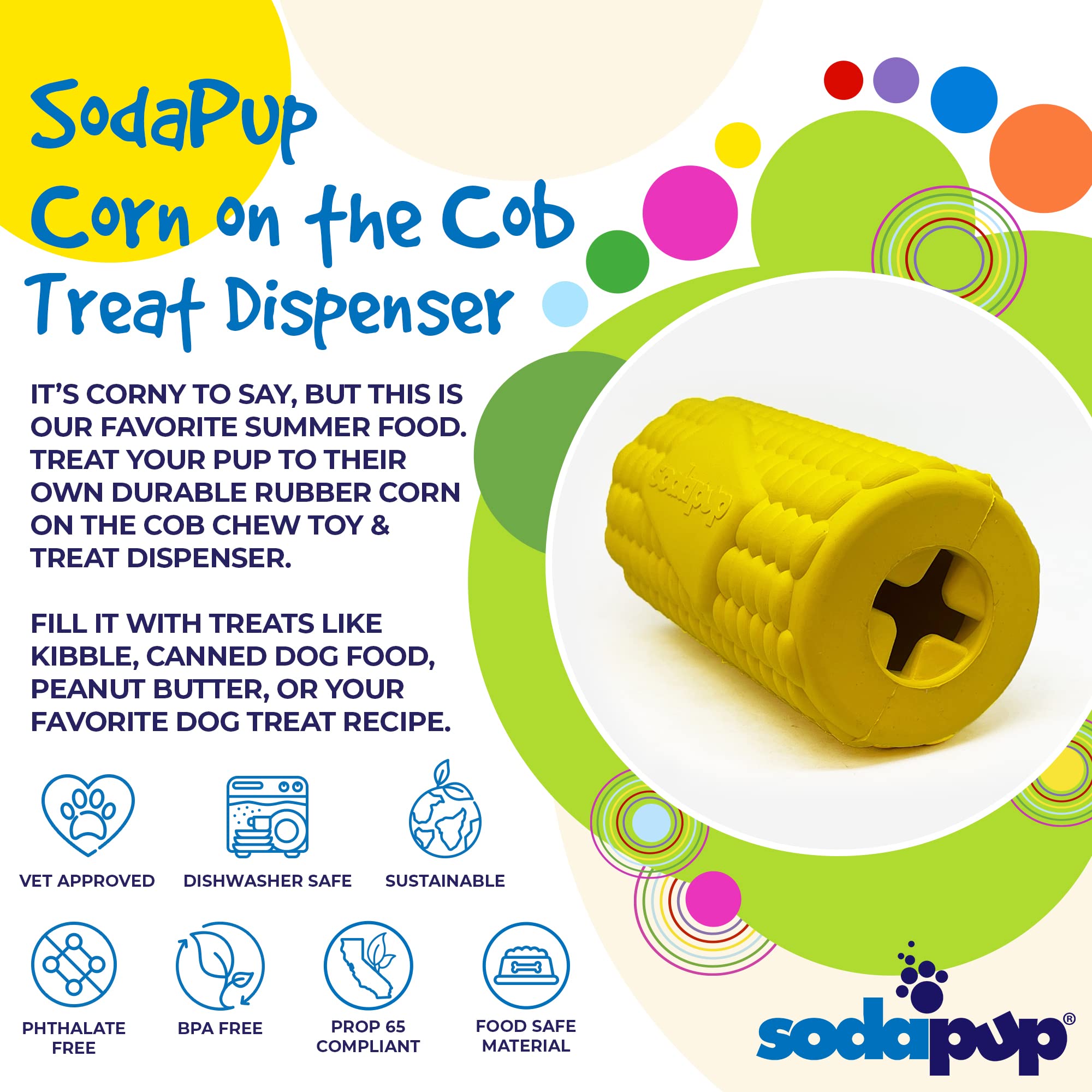 SodaPup Corn on the Cup - USA Made Non-Toxic Natural Rubber Dog Chew Toy & Treat Dispenser for Mental Stimulation, Anxiety Relief, and Dental Health - Perfect for Boredom Busters, Training Rewards, and Interactive Playtime