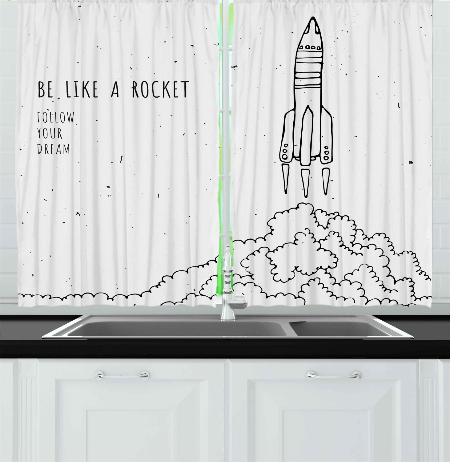 Ambesonne Dream & Space Themed Long Kitchen Curtains - 2 Panel Rod Pocket Drapes with Inspirational Rocket & Follow Your Dreams Design - 55 x 45 Inches White & Black - Perfect for Space Enthusiast Bedrooms & Inspirational Home Decor