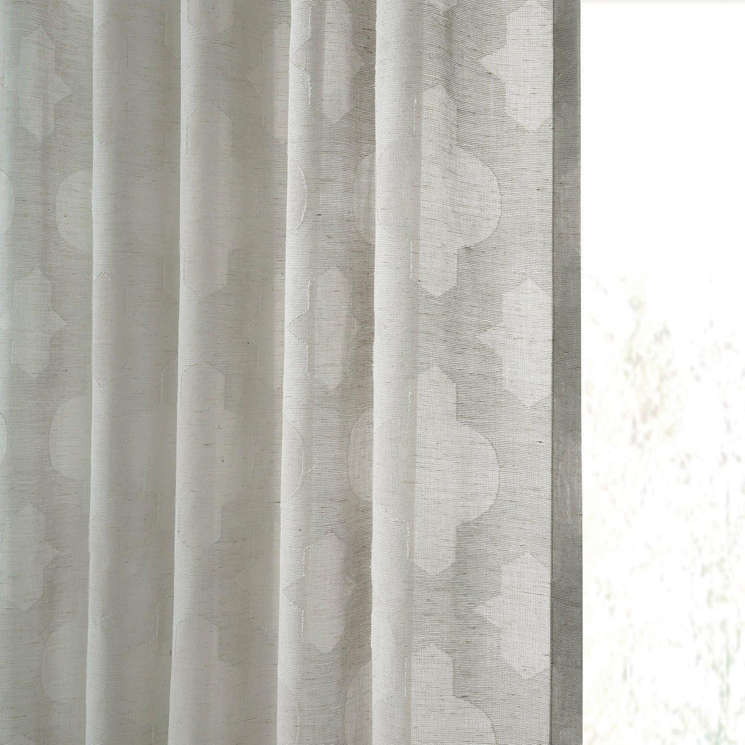 Calais Tile Grey Geometric Patterned Faux Linen Sheer Curtains - Modern Window Treatment for Living Room, Bedroom & Office Decor