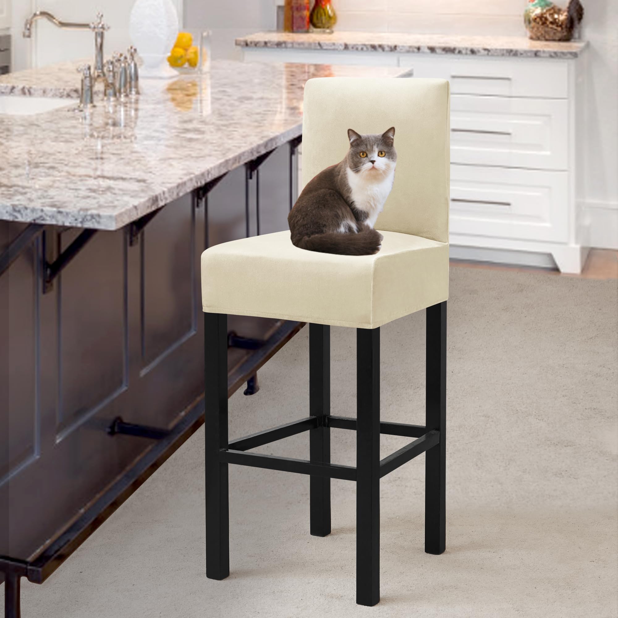 4-Pack Stretch Velvet Bar Stool Covers with Backs & Elastic Bands - Washable Seat Covers for Bar Chairs, High Chairs & Counter Stools - Perfect for Home, Kitchen, Restaurant & Cafe Decor (Beige)