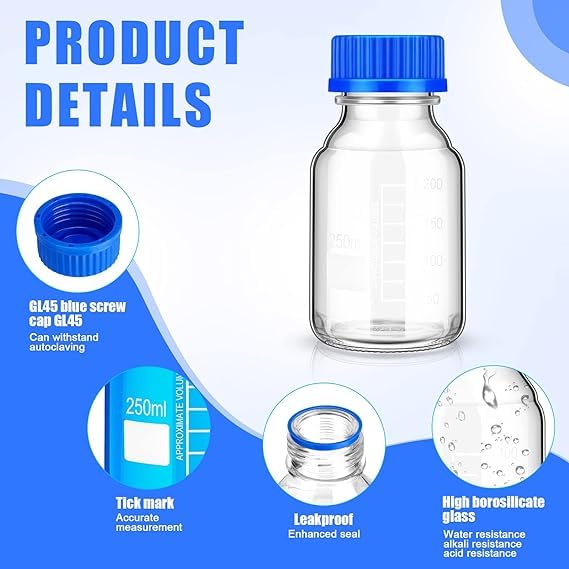 Premium 250ml VVS Borosilicate Glass Reagent Bottle with Leak-Proof Blue Screw Cap - Lab-Grade Chemical Storage Solution for Laboratories, Kitchen Use & Professional Applications | Ideal for Chemical Experiments, Liquid Storage & Scientific Research