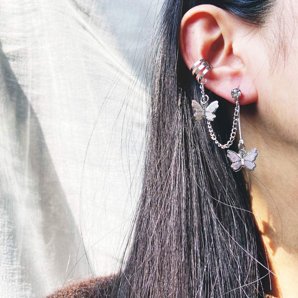 Hypoallergenic Silver Butterfly Chain Tassel Earrings - Long Dangle Drop Ear Cuff Statement Jewelry for Women | Elegant Party, Wedding & Everyday Wear